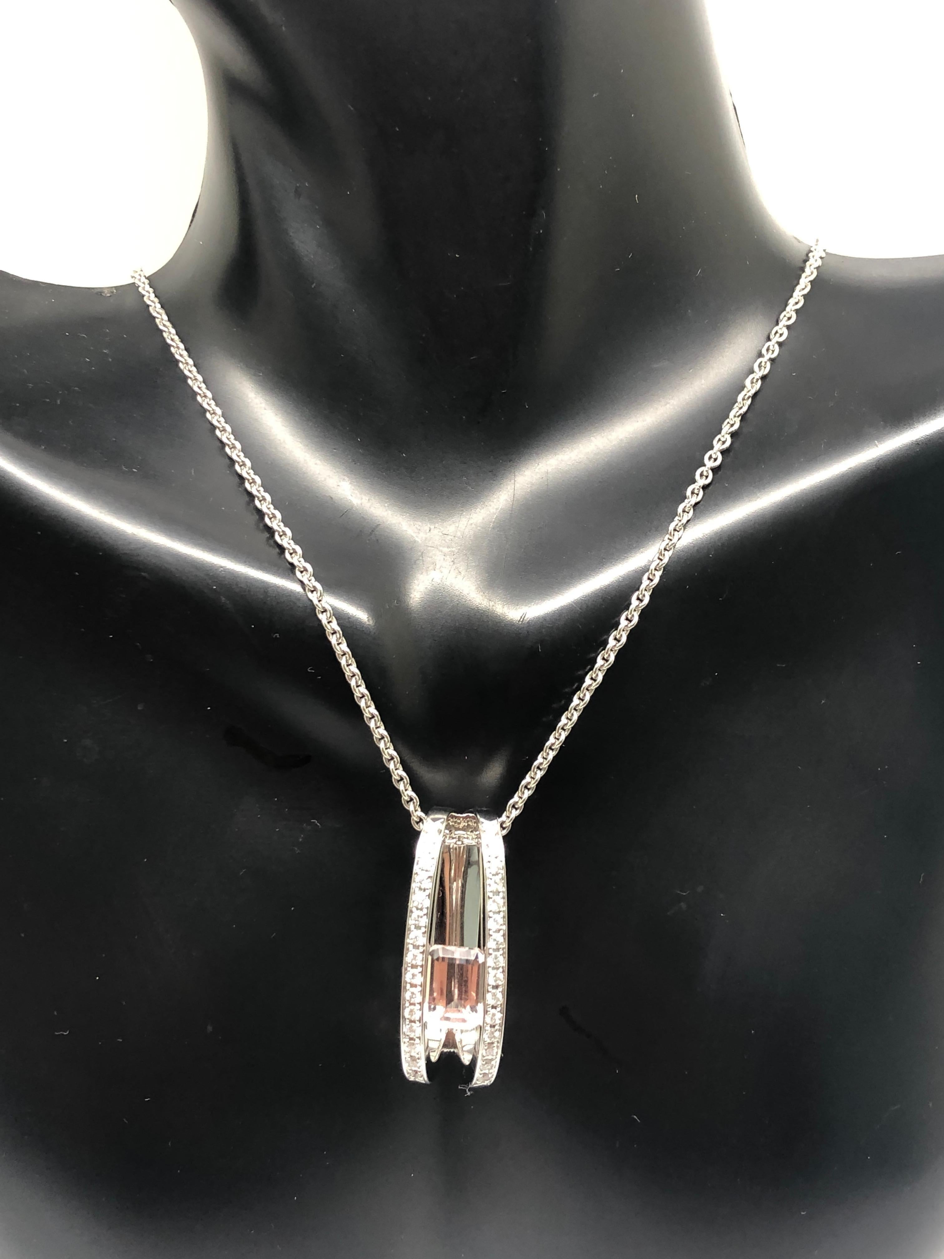 Breguet 18k White Gold Emerald Cut Morganite & Diamond Solitaire Necklace In New Condition In New York, NY