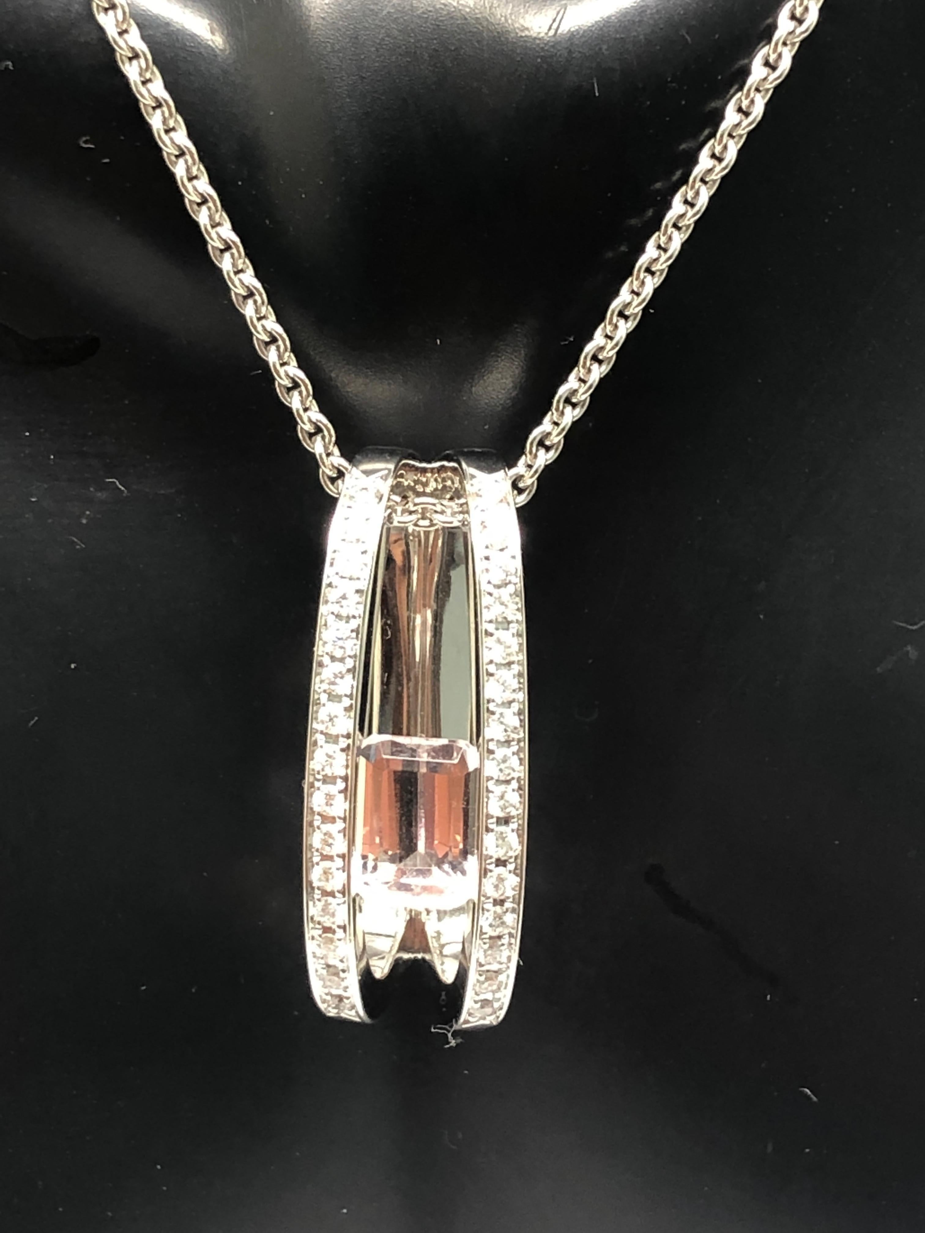 Women's Breguet 18k White Gold Emerald Cut Morganite & Diamond Solitaire Necklace