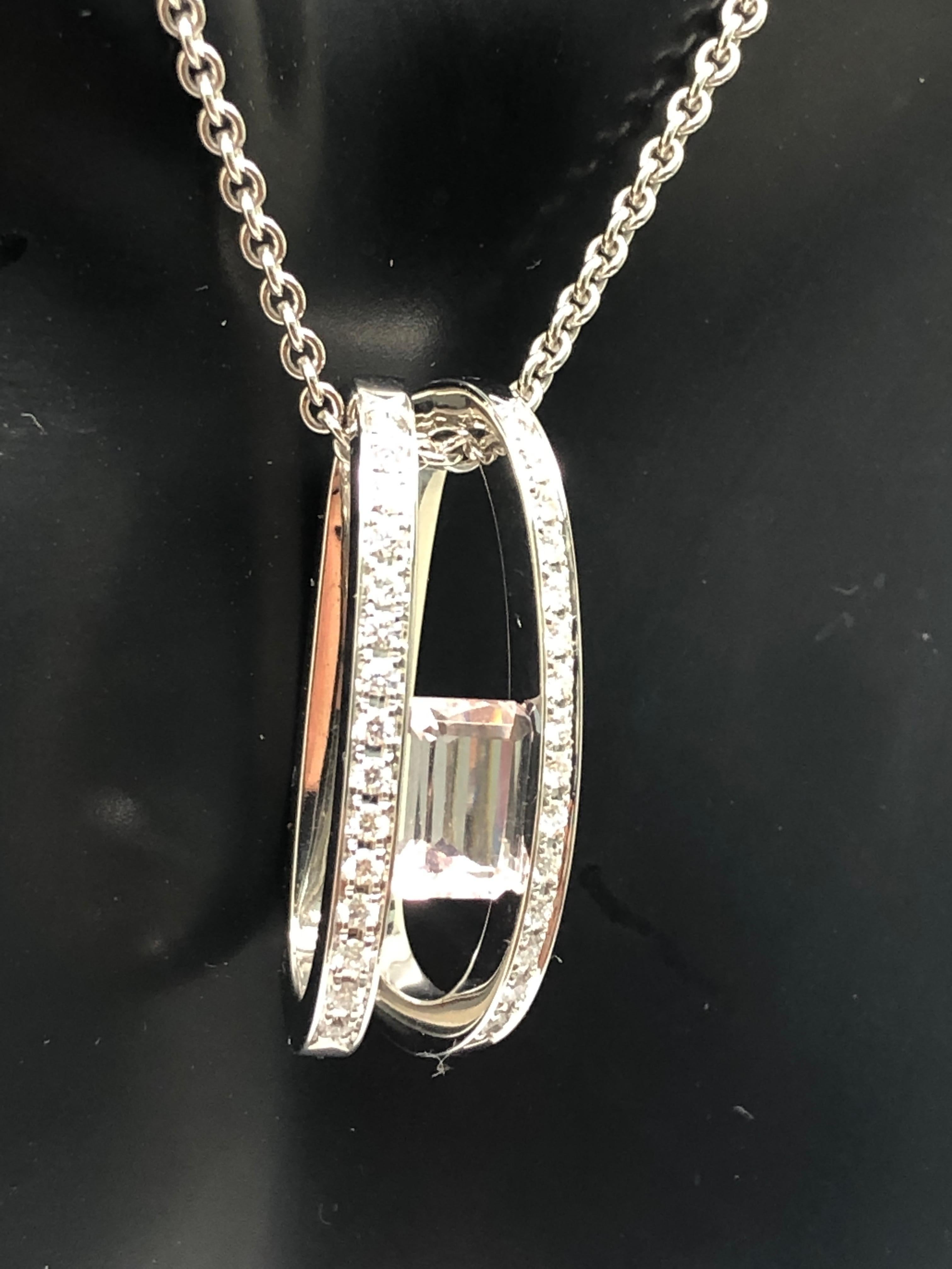 Breguet 18k White Gold Emerald Cut Morganite & Diamond Solitaire Necklace 1