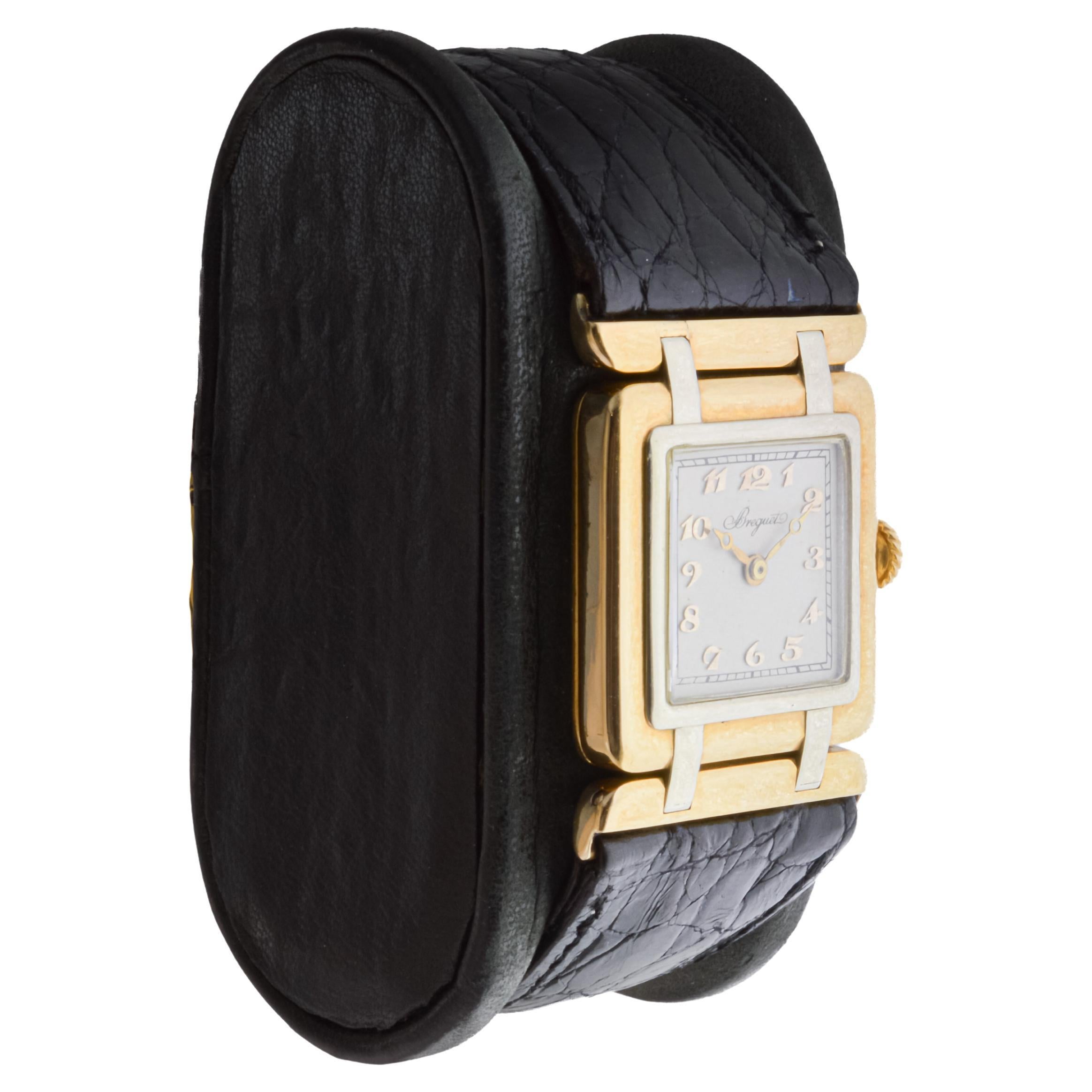 Breguet 18Kt. Yellow and White Gold Art Deco Watch with Articulated Lugs, 1930's In Excellent Condition For Sale In Long Beach, CA