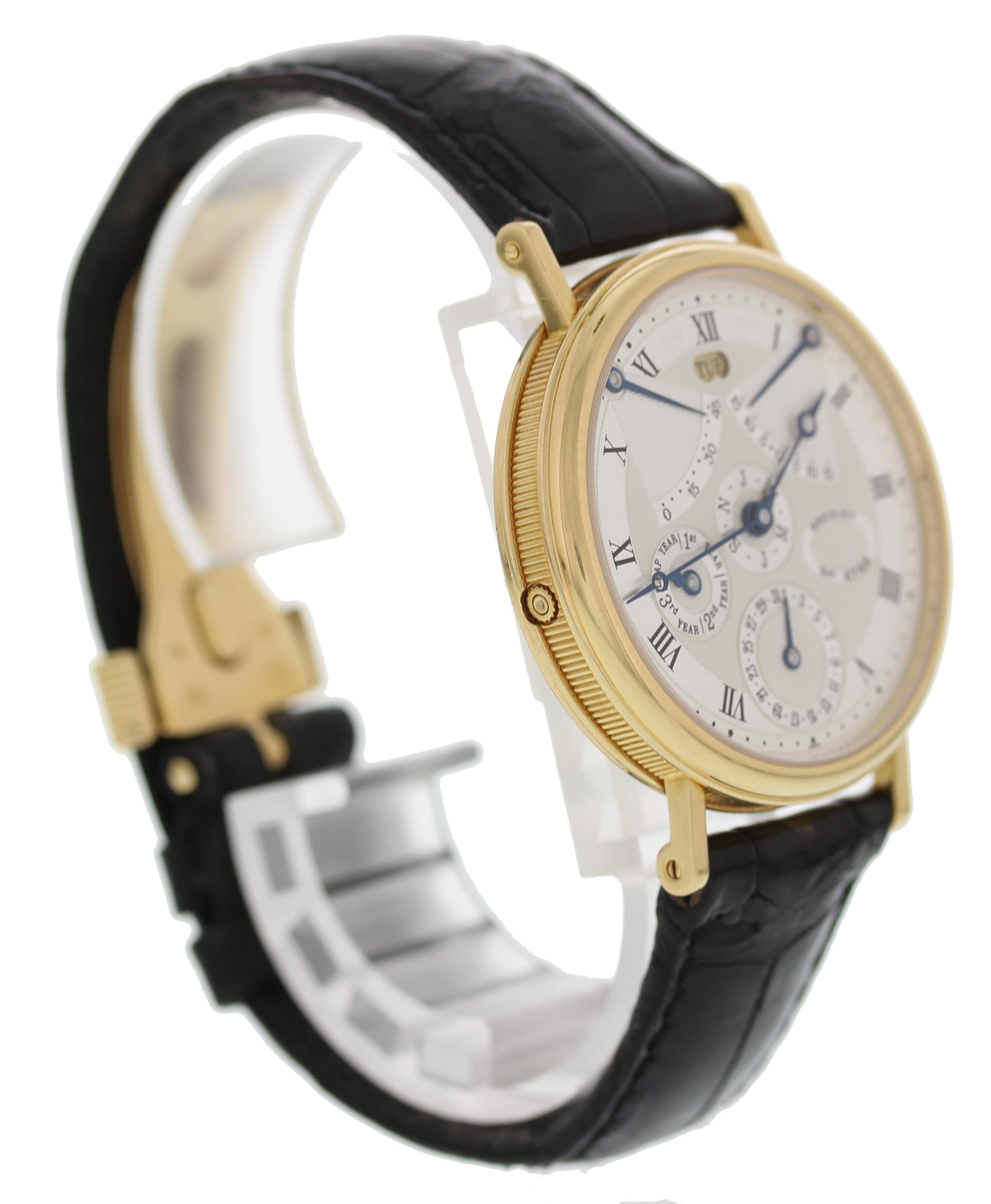 Men's Breguet 3477 Equation of Time. 18K Yellow Gold 36mm case. Silver Dial with Perpetual Calendar. This watch features a Day Window (at the 12 o'clock), Date (between 5 and 6 markers), Month (small hand at center of the dial), Leap year (sub-dial