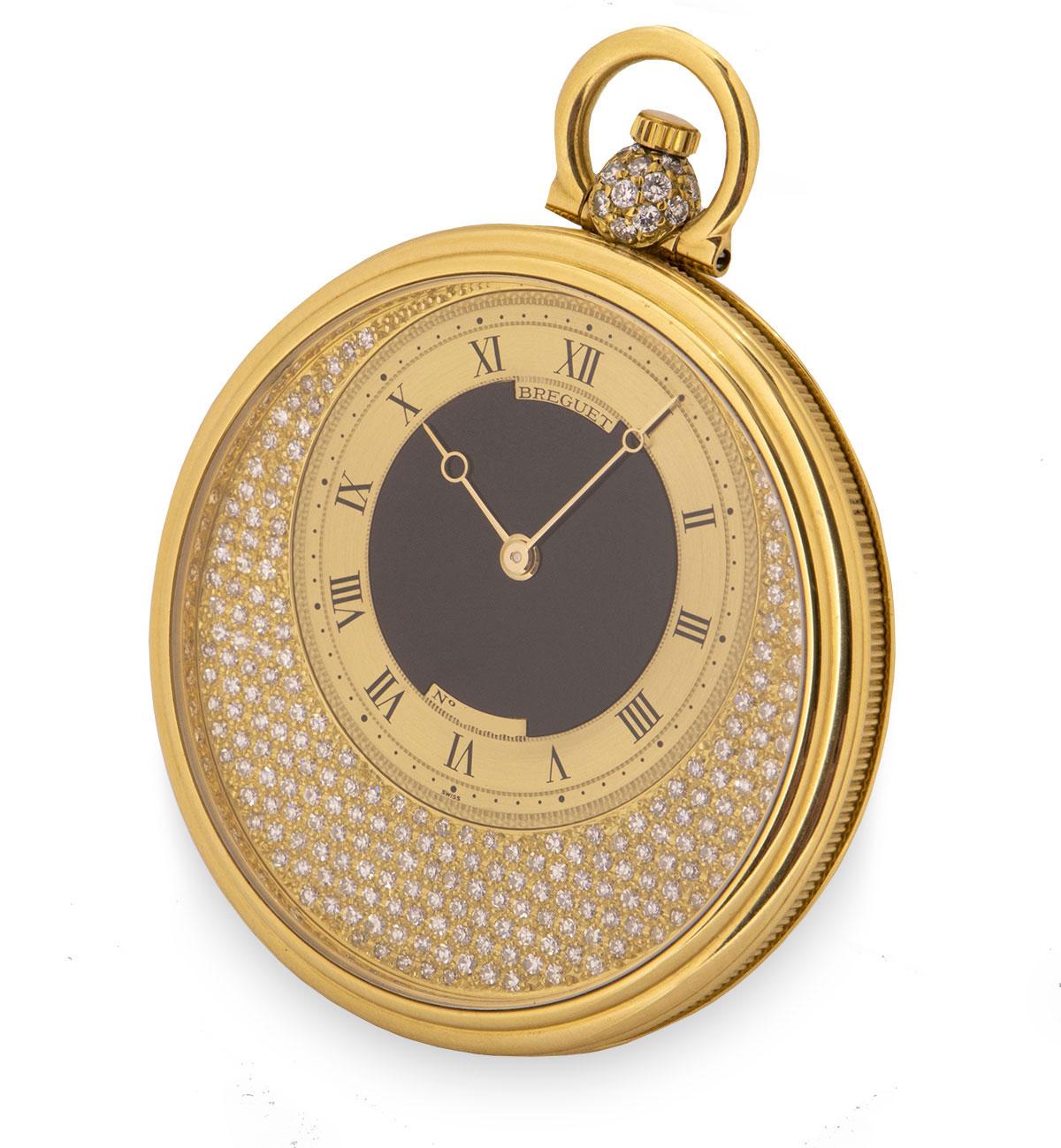 Breguet. A Yellow Gold Keyless Lever Onyx Centre Pave Diamond Set Dial Dress Pocket Watch C1980 with an 18ct yellow gold matching chain.

Dial: The beautiful pave set diamond dial with black onyx centre and gold chapter ring with Roman Numeral outer