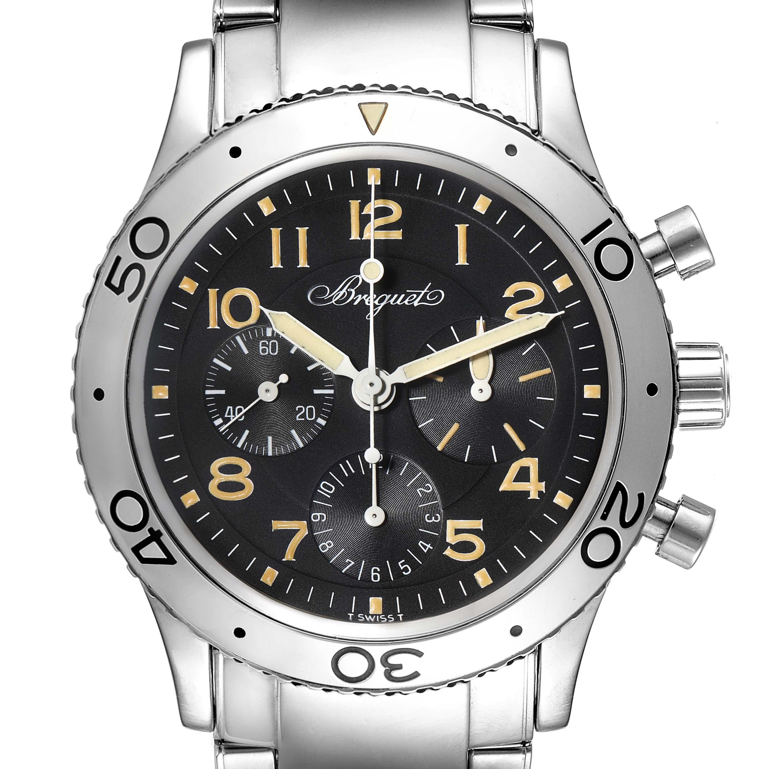 Breguet Aeronavale Type XX Flyback Black Dial Steel Mens Watch 3800. Automatic self-winding movement with a flyback chronograph function (allows instant restarting of the chronograph with a single push of the button instead of stop and reset the