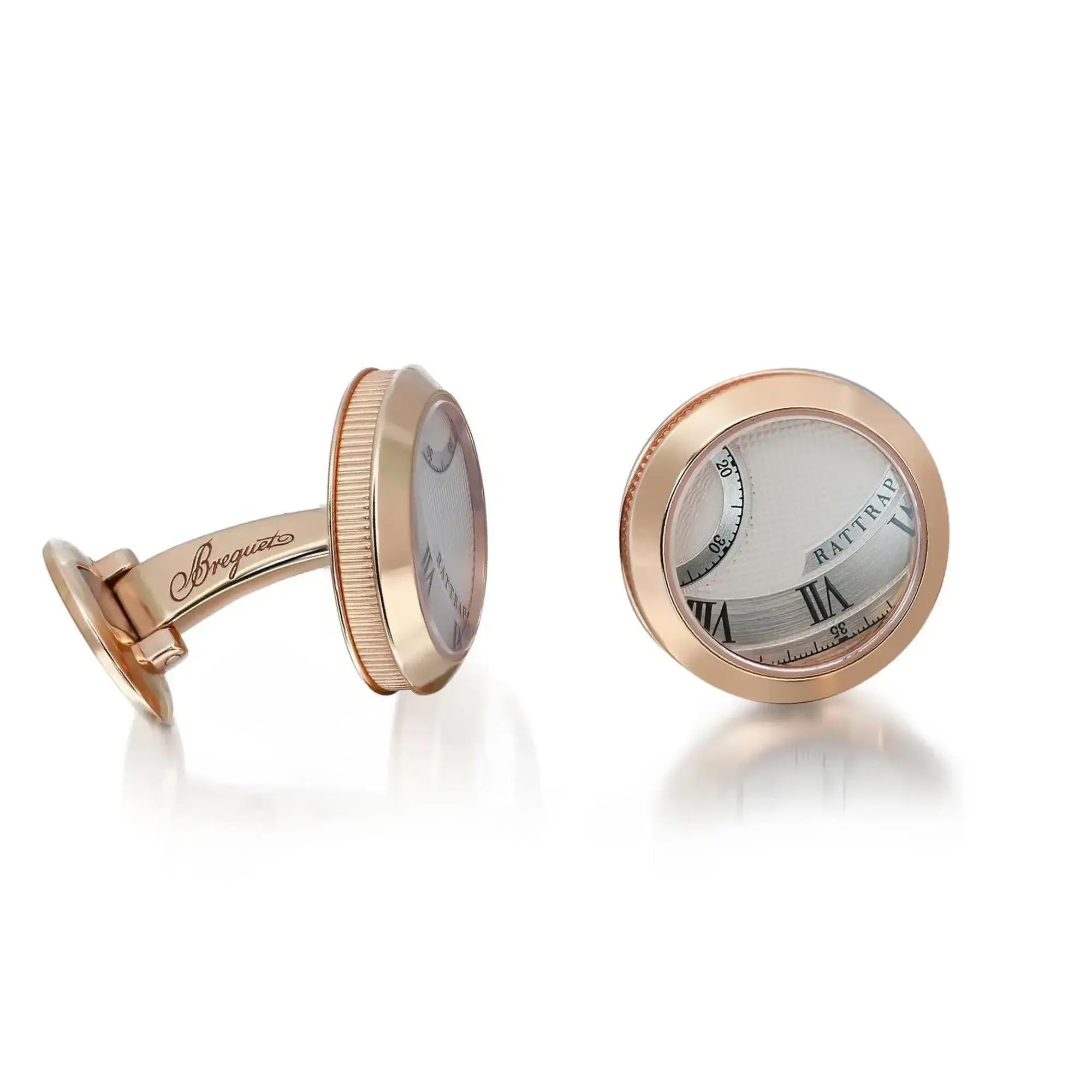 Questi splendidi gemelli Breguet Cadran Guilloche sono caratterizzati da una forma rotonda realizzata in oro rosa 18 carati e ogni gemello è dotato di quadranti guilloché parziali. Diametro: 17 mm. Peso totale: 20,40 grammi. Condizioni intatte.