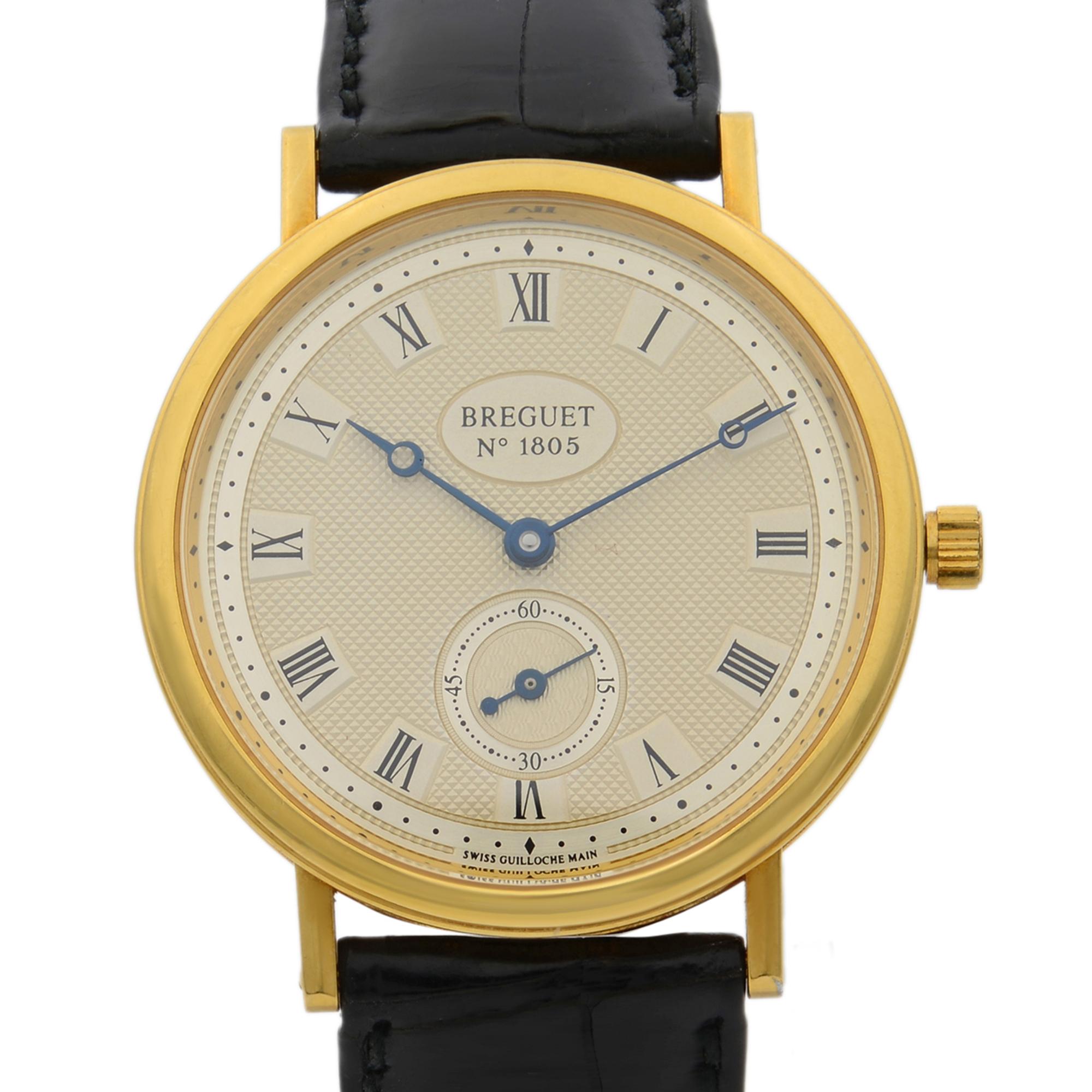 This pre-owned Breguet Classique  3910BA/15/286 is a beautiful men's timepiece that is powered by mechanical (hand-winding) movement which is cased in a yellow gold case. It has a round shape face, small seconds subdial dial and has hand roman