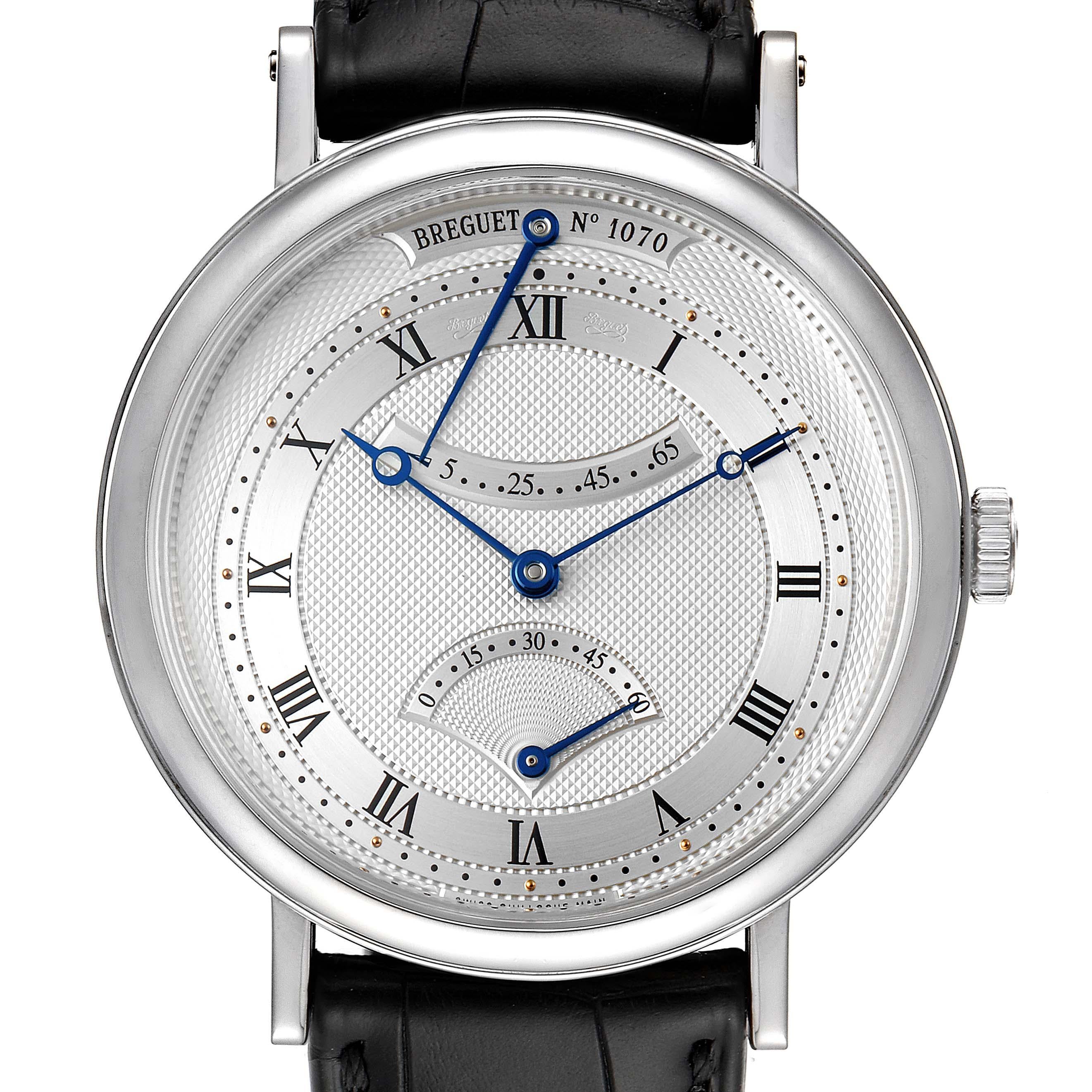 Breguet Classique 18k White Gold Retrograde Seconds Watch 5207 Box Papers. Automatic self-winding movement. 18K white gold coined edged case 39.0 mm in diameter. Exhibition case back. Straight lugs with screwed gold bars. Case thicknes 9.85mm. 18K