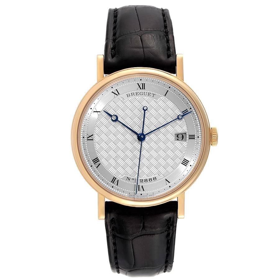 Breguet Classique 18K Yellow Gold Silver Dial Mens Watch 5177 Box Papers. Automatic self-winding movement. 18K yellow gold coined edged case 38.0 mm in diameter. Transparent case back. 18k yellow gold bezel. Scratch resistant sapphire crystal.