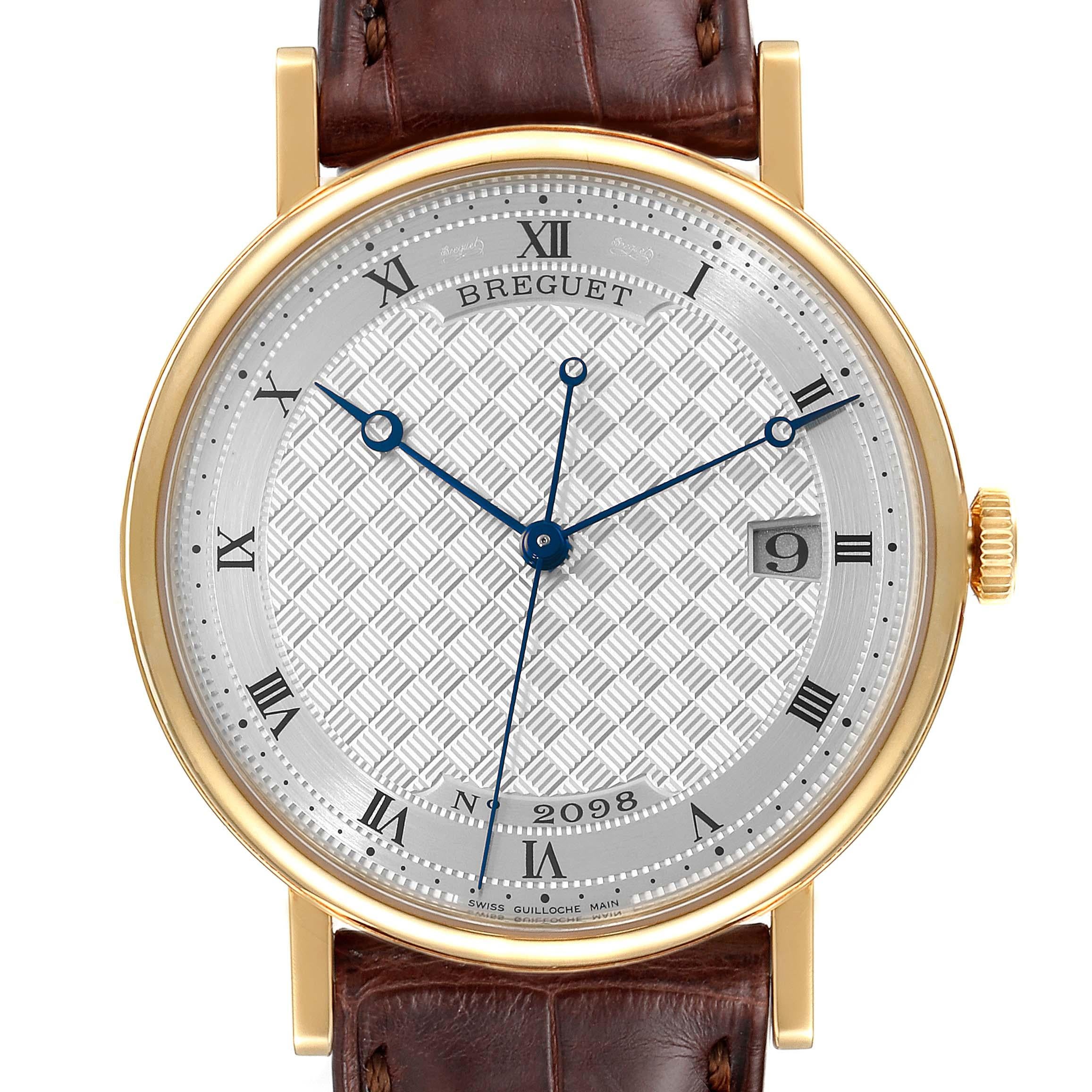 Breguet Classique 18K Yellow Gold Silver Dial Mens Watch 5177 Tag. Automatic self-winding movement. 18K yellow gold coined edged case 38.0 mm in diameter. Transparent case back. 18k yellow gold bezel. Scratch resistant sapphire crystal. Silver