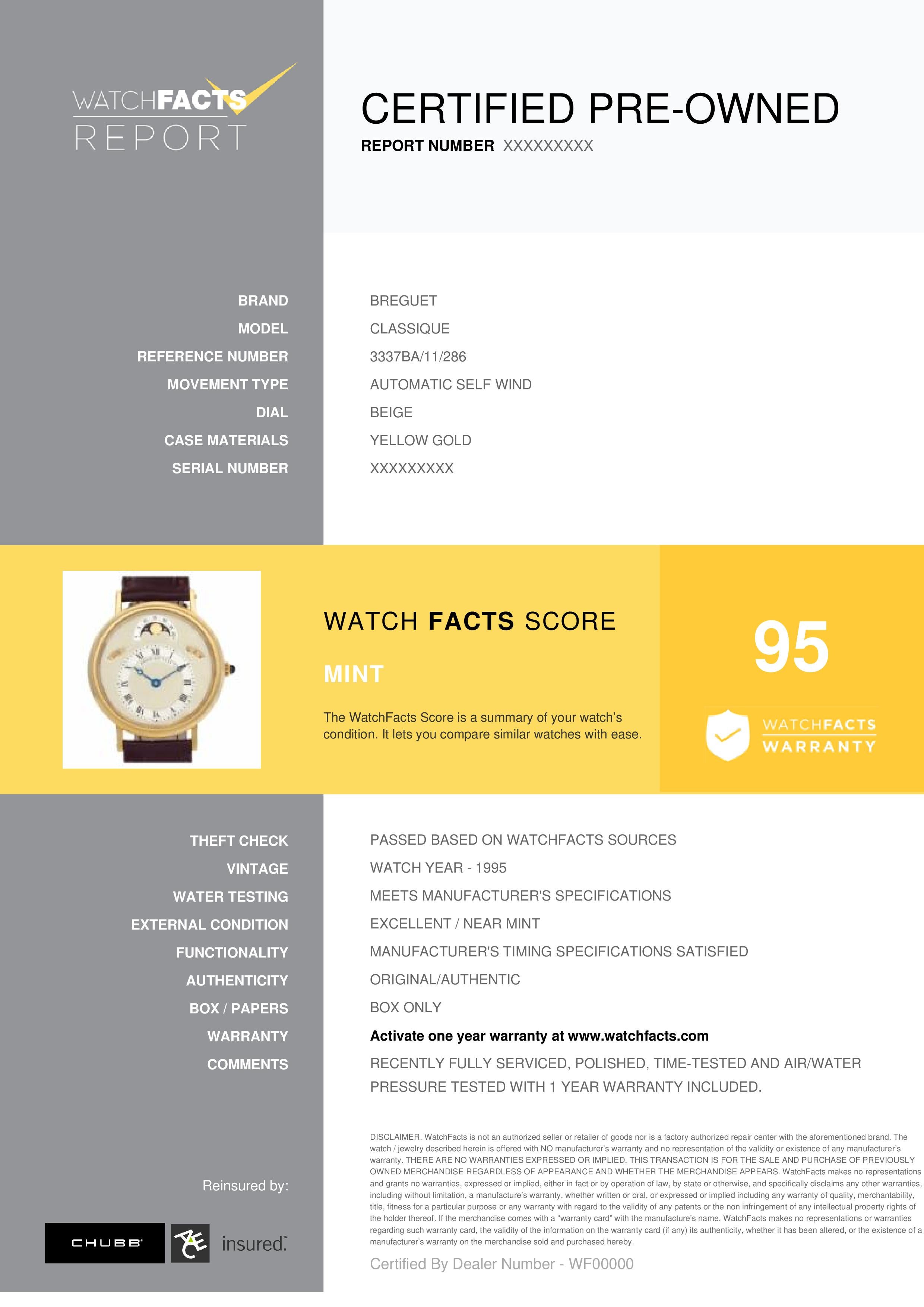 Breguet Classique Reference #: 3337BA/11/286. Mens Automatic Self Wind Watch Yellow Gold Beige 36 MM. Verified and Certified by WatchFacts. 1 year warranty offered by WatchFacts.
