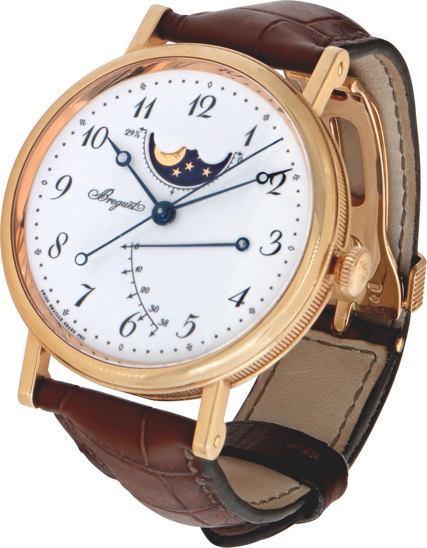 Breguet Classique in 18k rose gold on a brown alligator strap with 18k rose gold deployant buckle. Automatic movement under glass w/ sweep seconds, moonphase and power reserve. 39 mm case size. Ref 7787BR/29/9V6. Fine Pre-owned Breguet Watch.

