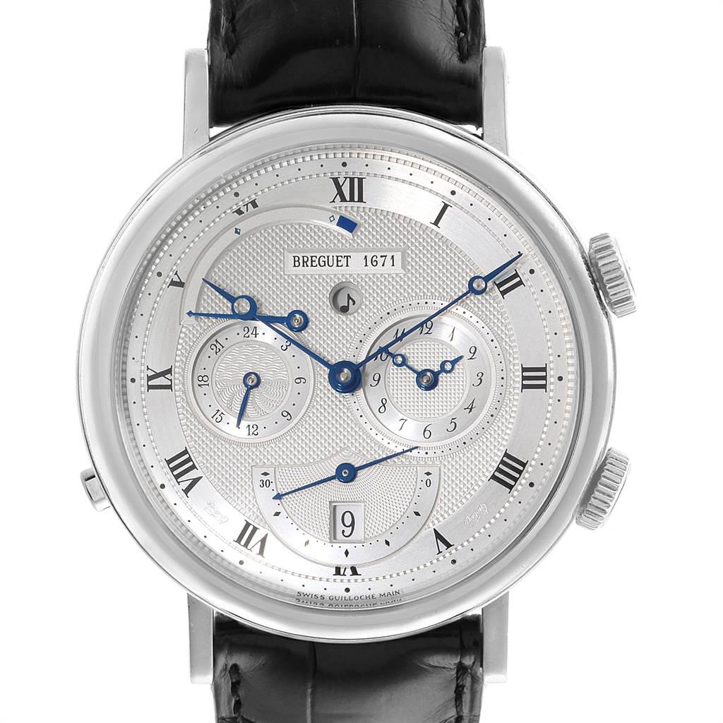 Breguet Classique Alarm Le Reveil du Tsar 18K White Gold Watch 5707. Automatic self-winding movement. 45-hour power reserve. 18K white gold case 39.0 mm in diameter. Transparent case back. Crown at 2 to wind movement and alarm and set 2nd time.