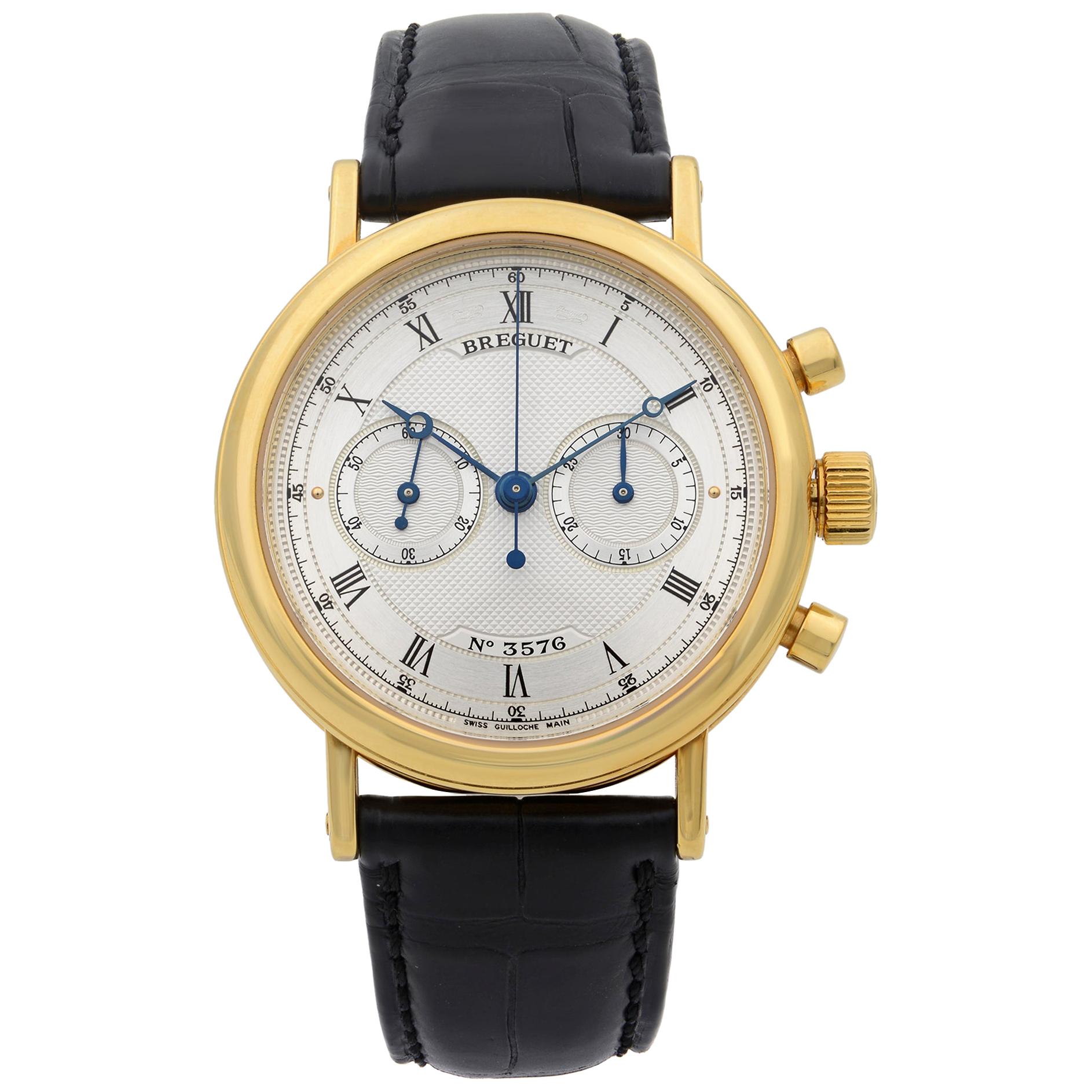 Breguet Classique Chronograph 18k Gold Silver Dial Hand Wind Men's Watch 5237