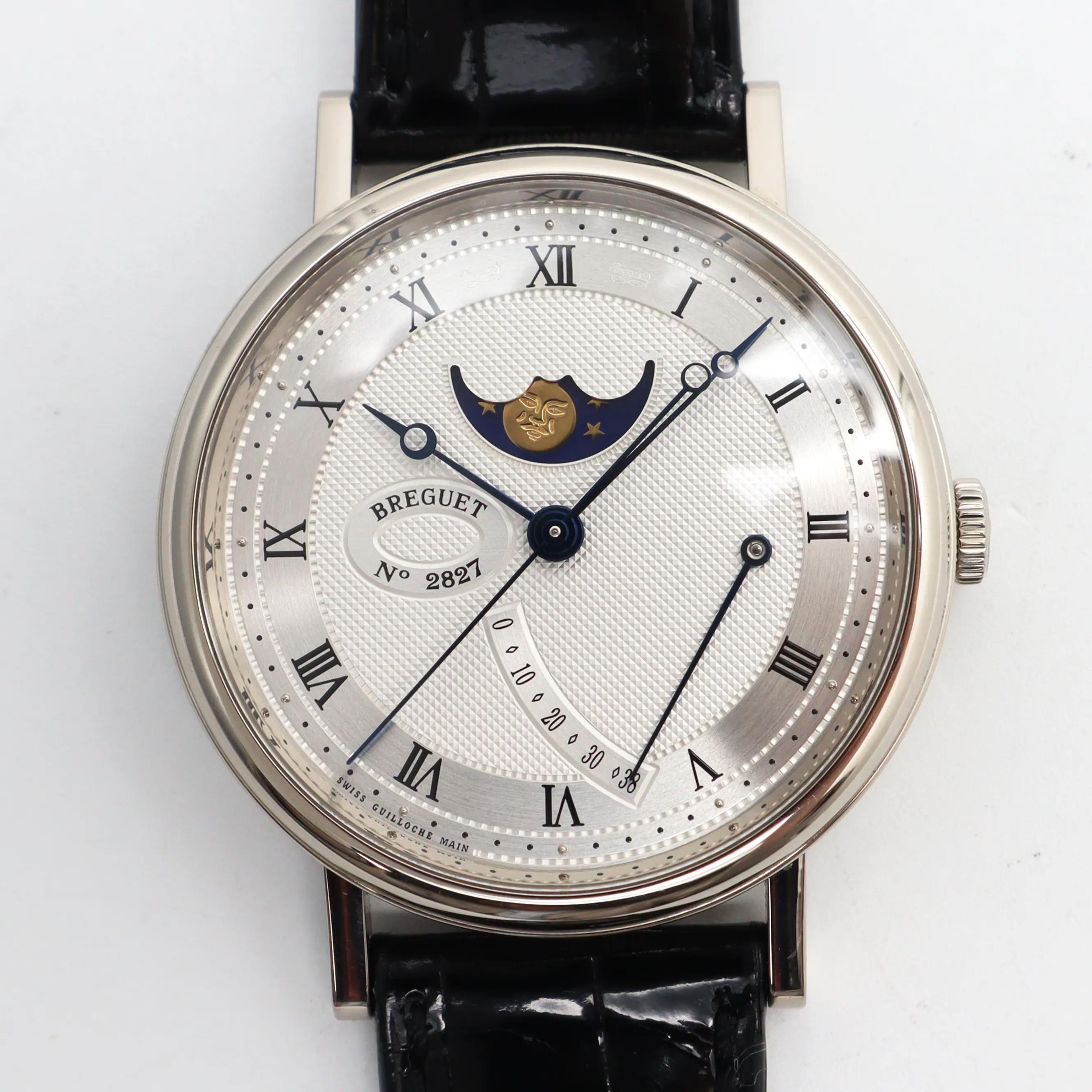 Breguet Classique Moonphase 39mm 18K White Gold Silver Dial Watch 7787BB/12/9V6 For Sale 2