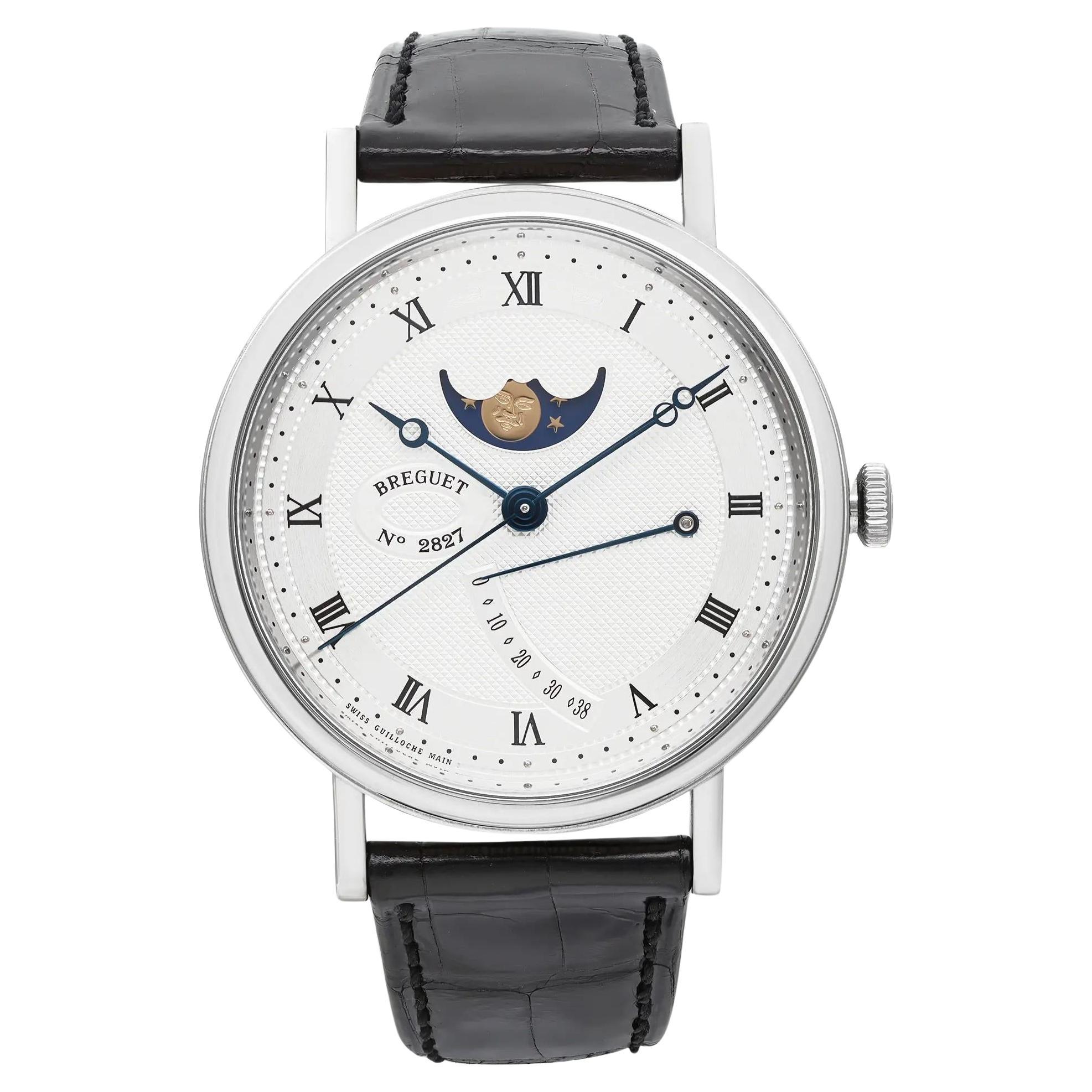 Breguet Classique Moonphase 39mm 18K White Gold Silver Dial Watch 7787BB/12/9V6 For Sale