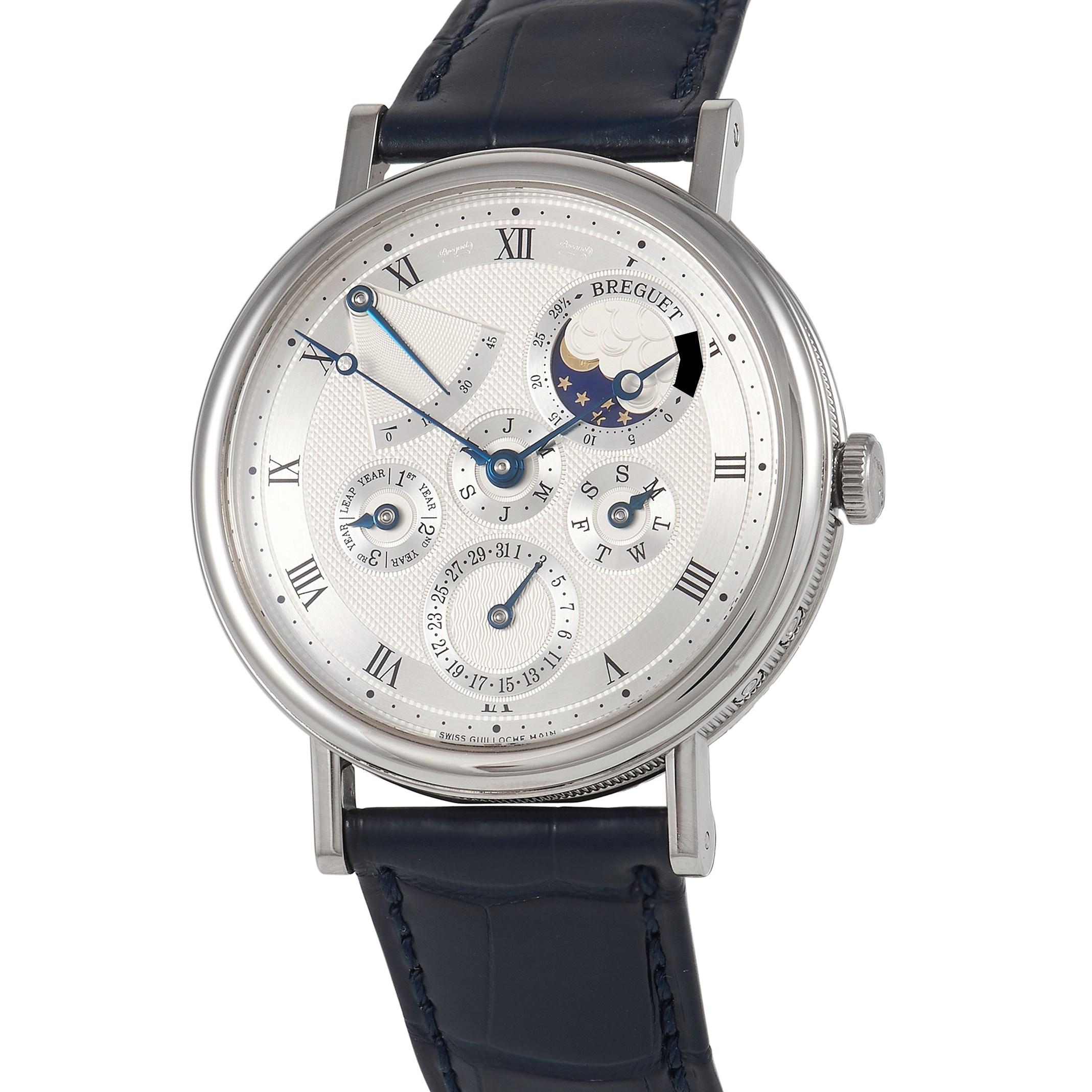 It's easy to see why this Breguet Classique is gaining in popularity among watch collectors. The Breguet Classique Perpetual Calendar Watch 5327BB/IE/9V6 features an extremely beautiful guilloche engraved silver dial with blued hands and Roman