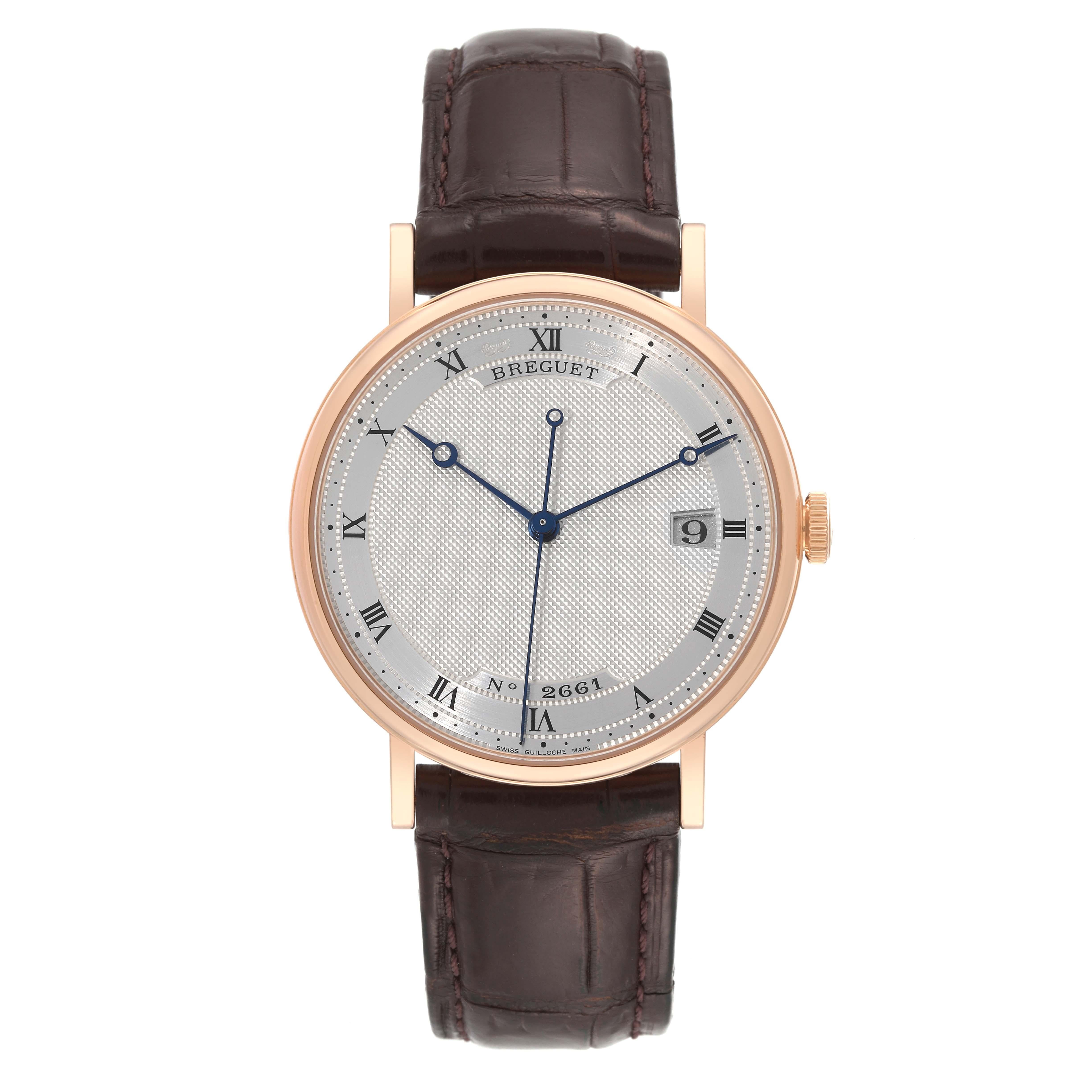 Breguet Classique Rose Gold Silver Dial Mens Watch 5177. Automatic self-winding movement. 18K rose gold coined edged case 38.0 mm in diameter. Transparent exhibition sapphire cyrstal caseback. 18k rose gold bezel. Scratch resistant sapphire crystal.