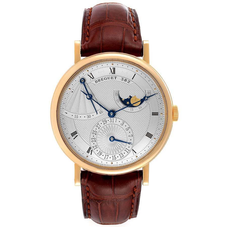 Breguet Classique Yellow Gold Moonphase Power Reserve Mens Watch 7137. Automatic self-winding movement. 18K yellow gold coined edged case 39.0 mm in diameter. Exhibition case back. Straight lugs with screwed gold bars. Case thickness 9 mm. 18K
