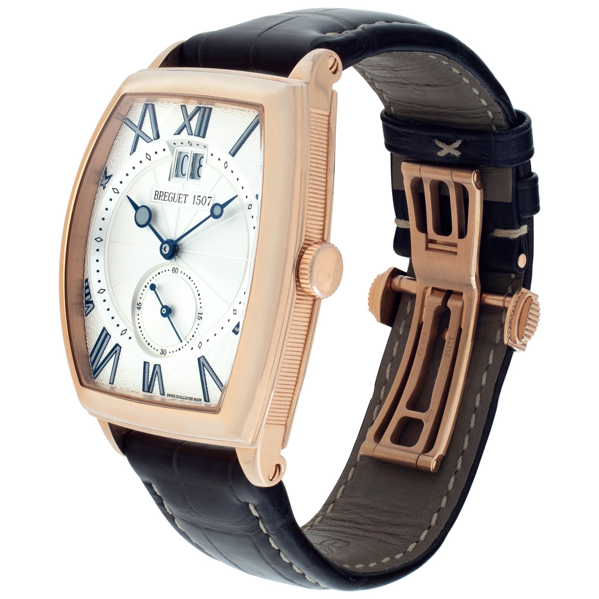 Breguet Heritage Big Date in 18k rose gold on a leather strap. Auto w/ subseconds and date. 51 mm length by 36 mm width case size. With box and papers. Ref 5410BR/12/9VV. Circa 2020s. Fine Pre-owned Breguet Watch. Certified preowned Dress Breguet