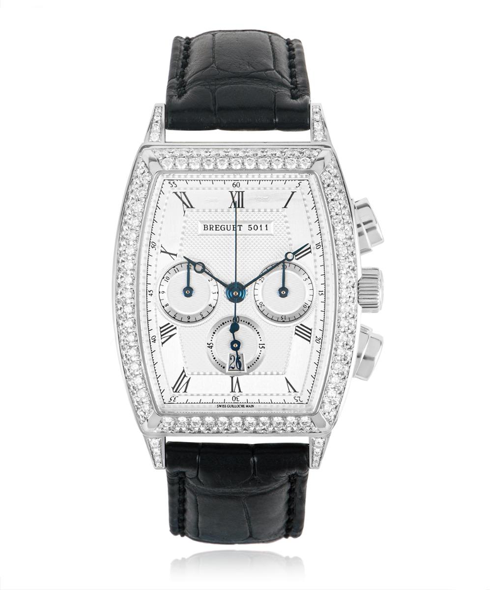 A mens diamond set 37.5mm Breguet Heritage crafted in white gold. Featuring a silver dial with roman numerals and chronograph counters that features a 60 second, 30 minute and 12 hour markers. Complimenting the dial is a fixed white gold case set