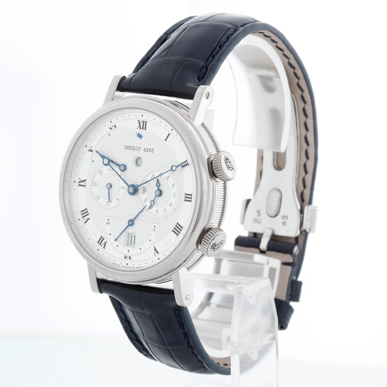 Breguet Le Reveil du Tsar Classique Alarm Dual Time 18k White Gold Men's Watch 5707 BB (5707BB/12/9V6) - Automatic winding; alarm with power reserve indicator; dual time. 18k white gold case with exposition back (39mm diameter). Silver guilloche