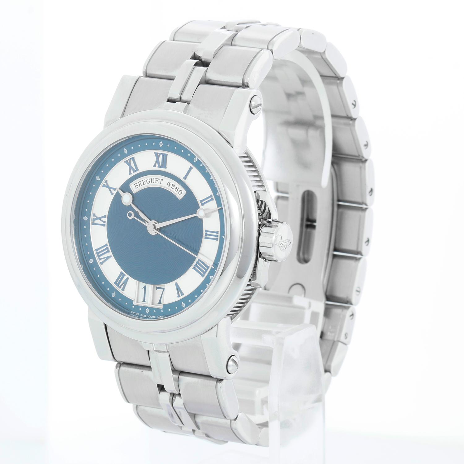 Breguet Marine Automatic Big Date Men's Stainless Steel Watch 5817 ST - Automatic winding. Stainless steel case with exposition back (40mm diameter). Blue dial with Roman numerals and guilloche center; big date at 6 o'clock. Stainless steel Breguet