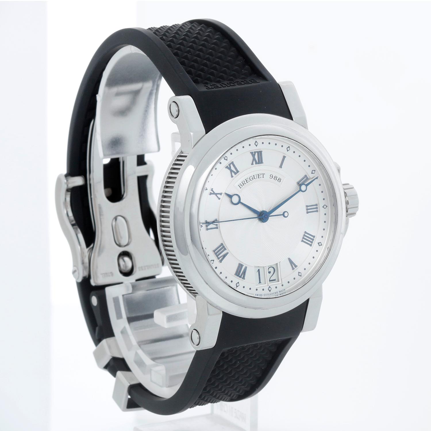 Breguet Marine Automatic Big Date Men's Stainless Steel Watch 5817ST125V8 - Automatic winding. Stainless steel case with exposition back (39mm diameter). Silver dial with black Roman numerals and guilloche center; big date at 6 o'clock. Black rubber