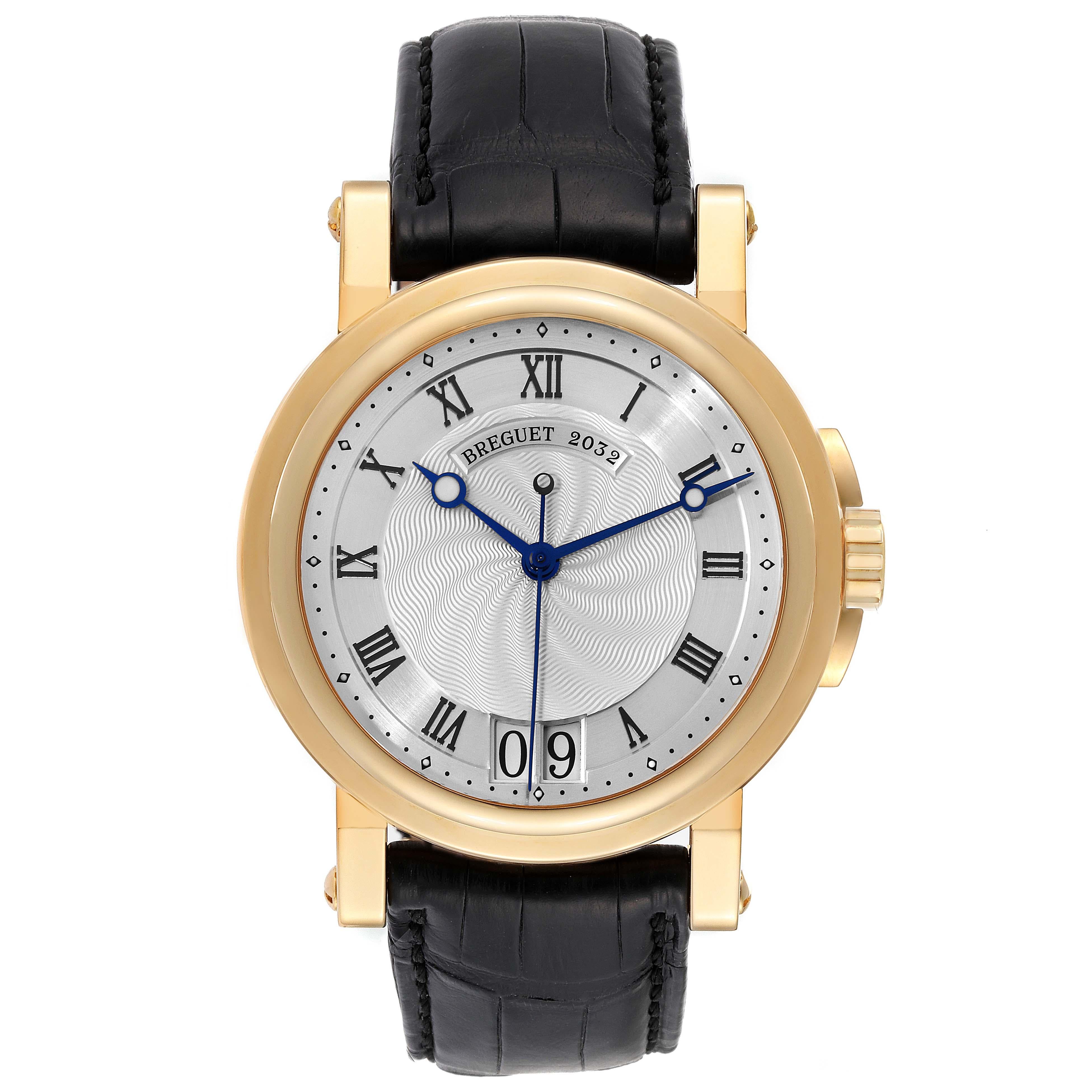 Breguet Marine Big Date Automatic Yellow Gold Mens Watch 5817BA Papers. Automatic self-winding movement. 18K yellow gold coined edged case 39.0 mm in diameter. Transparent exhibition sapphire crystal case back. 18k yellow gold bezel. Scratch