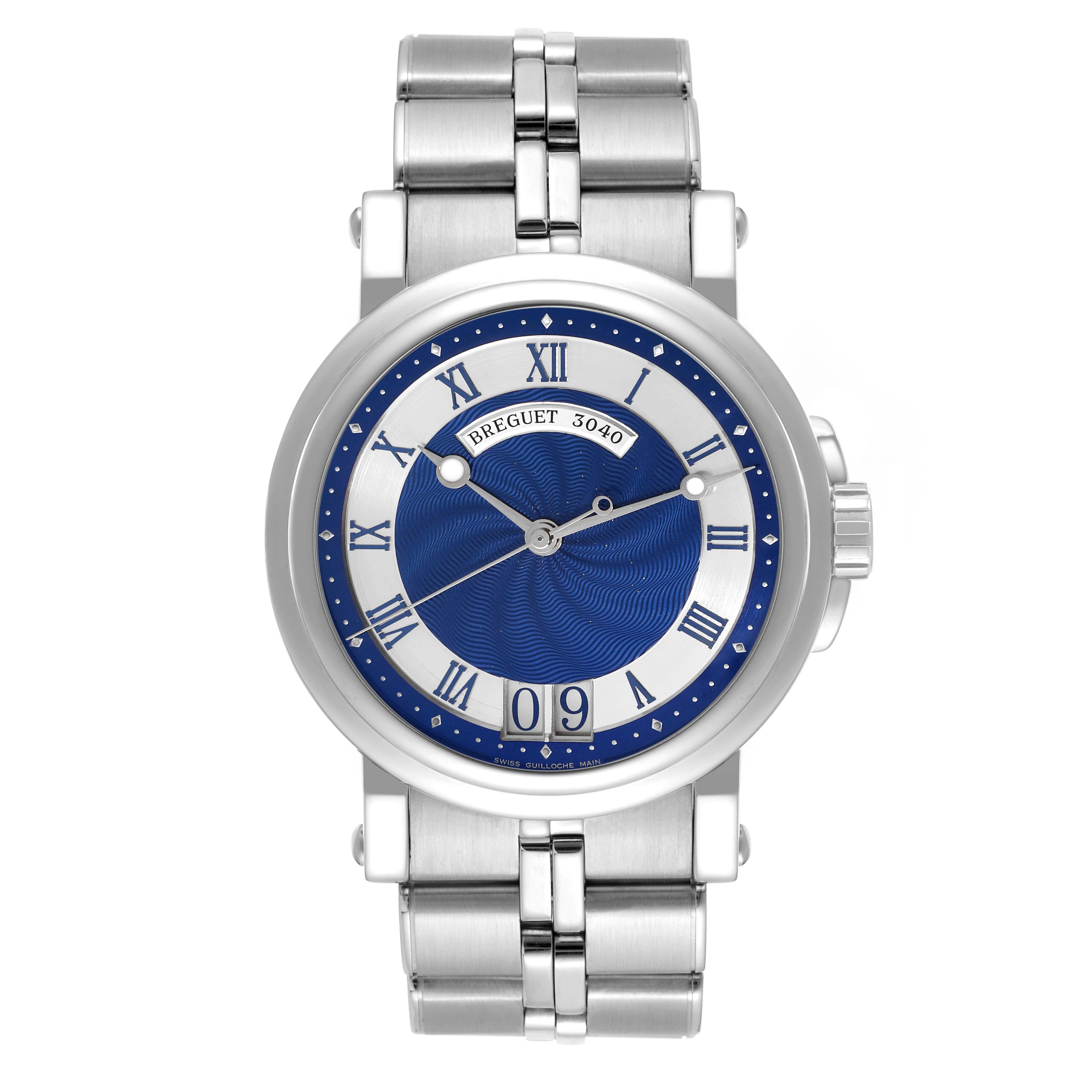 Breguet Marine Big Date Blue Dial Automatic Steel Mens Watch 5817ST. Automatic self-winding movement. Stainless steel coined edged case 39.0 mm in diameter. Stainless steel bezel. Scratch resistant sapphire crystal. Blue hand engraved guilloche