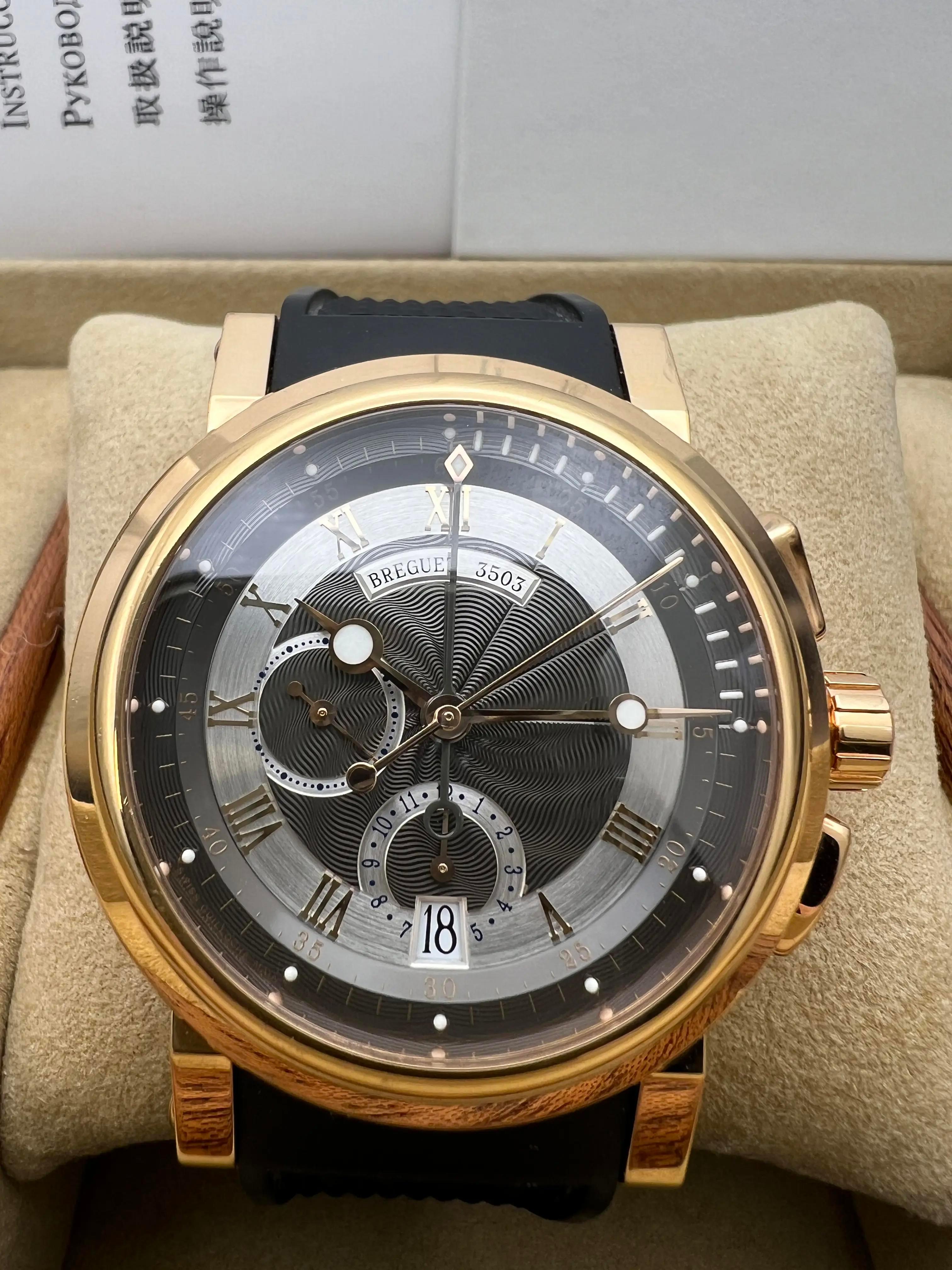 Men's Breguet Marine Chronograph 5827BR/Z2/5ZU 18K Rose Rubber Strap Gray Dial B&P For Sale
