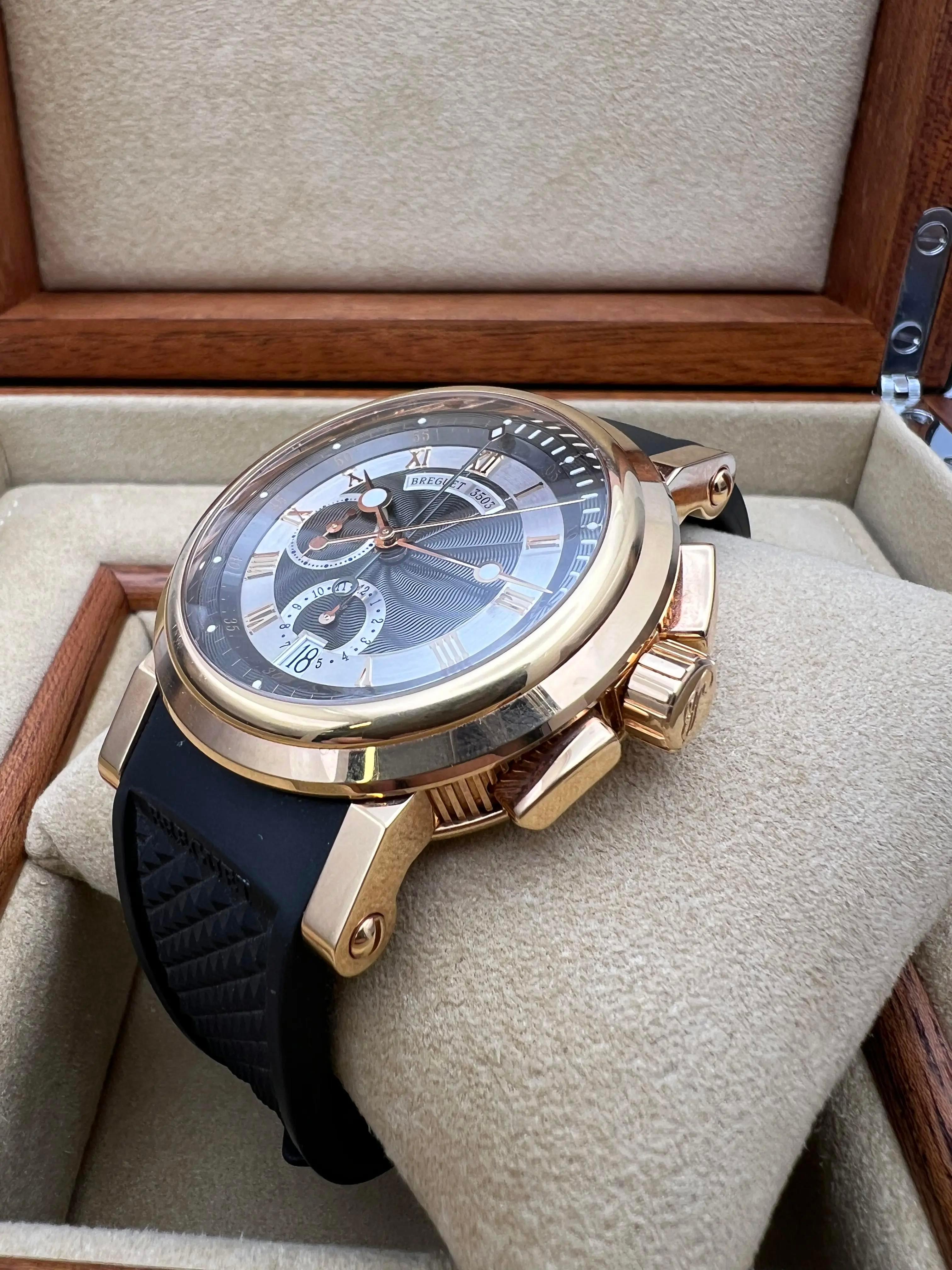Breguet Marine Chronograph 5827BR/Z2/5ZU 18K Rose Rubber Strap Gray Dial B&P For Sale 2