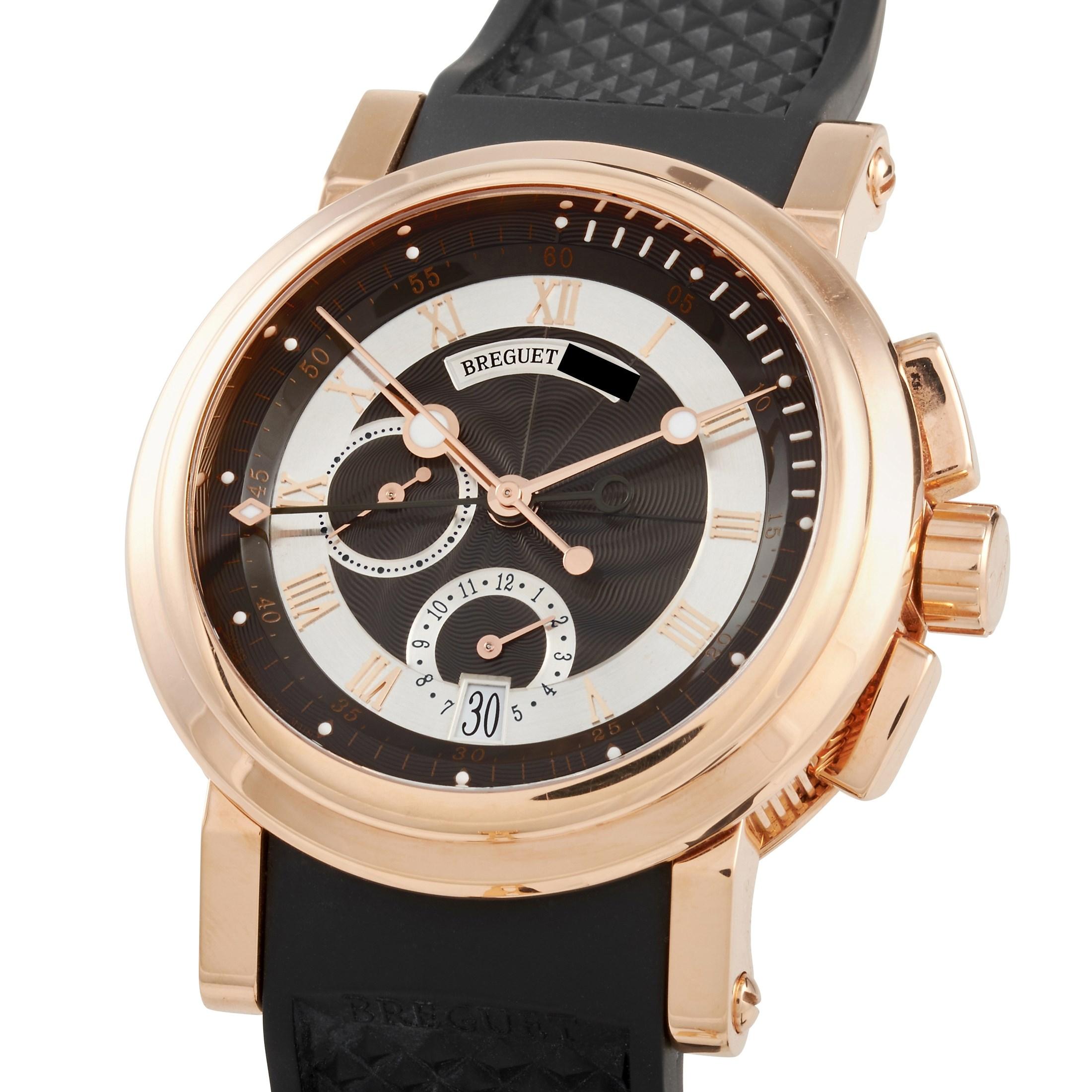 The Breguet Marine Chronograph Watch, reference number 5827BRZ29Z8, is a dynamic timepiece with obvious elegance. A delightful pairing of 18K Rose Gold and black gives this watch a bold, sophisticated sense of style that is impossible to ignore. 

A