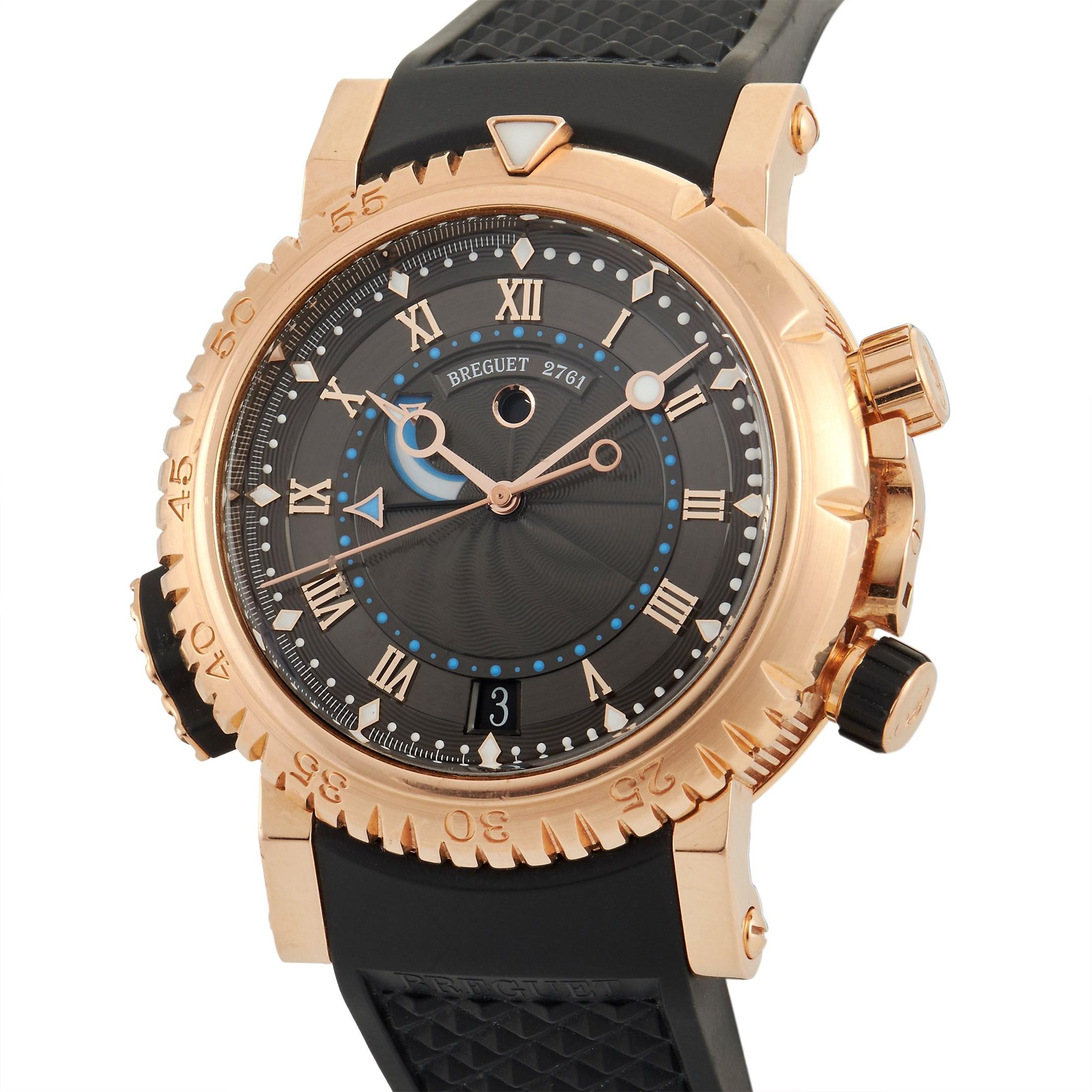 The Breguet Marine Royal Watch, reference number 5847BRZ25ZV, is a breathtaking timepiece that is unlike anything you have seen before. 

This impeccable accessory features a bold 45mm case and uni-directional rotating bezel made from 18K Rose Gold,