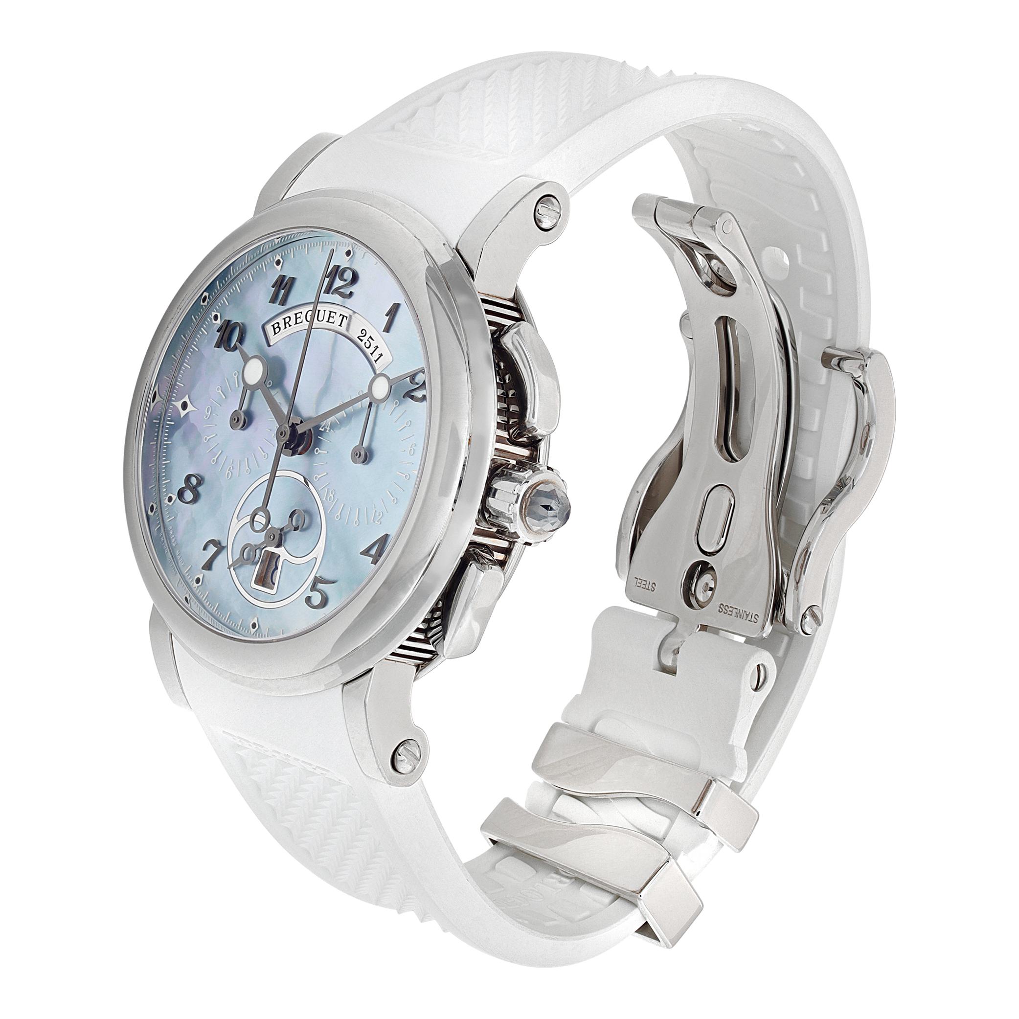 Breguet Marine in stainless steel with mother of pearl dial on a white rubber strap and original Breguet steel deployant buckle. Auto w/ subseconds, date and chronograph. 35 mm case size. With box. Ref 8827. Fine Pre-owned Breguet Watch.

 Certified