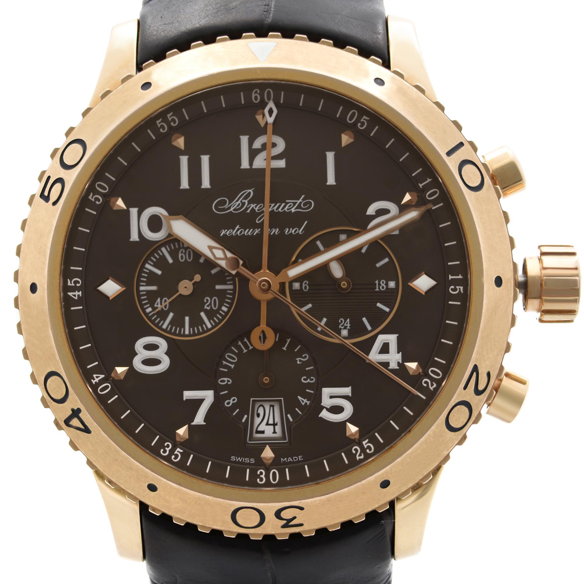 Pre Owned Breguet Marine Transatlantique Type XXI Flyback18k Rose Gold Ruthenium Dial Men's Watch 3810BR/92/9ZU. This Beautiful Timepiece is Powered by Mechanical (Automatic) Movement And Features: Round 18k Rose Gold Case with a Brown Leather