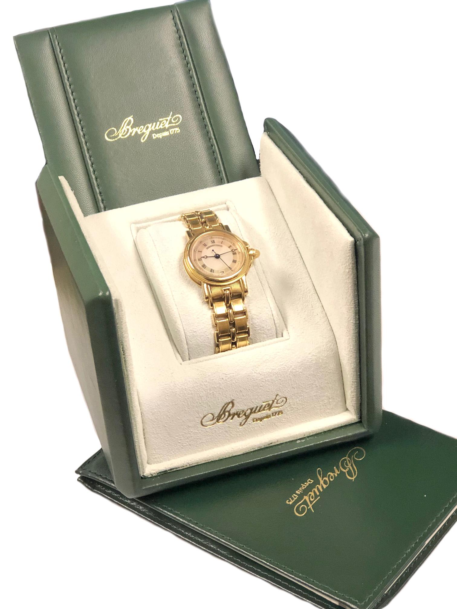 Breguet Marine Yellow Gold Ladies Automatic Pearl and Diamond Dial Wrist Watch In Excellent Condition In Chicago, IL