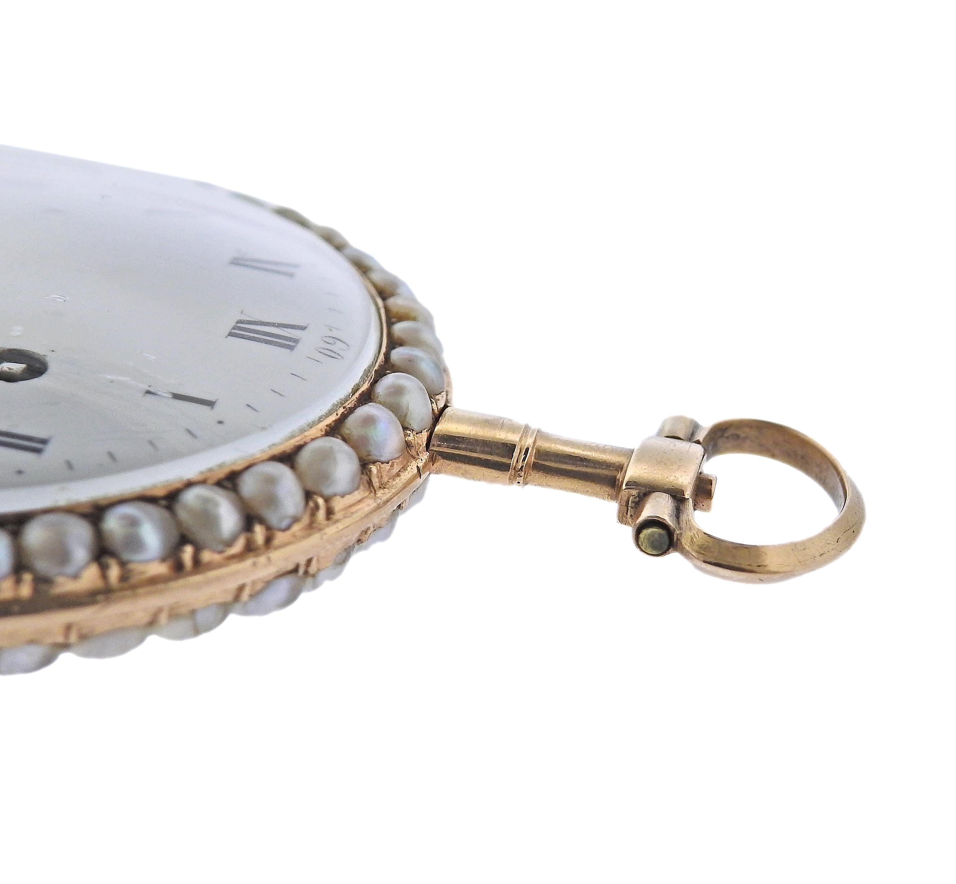 Paris Antike Gold-Perlen-Emaille-Diamant-Taschenuhr (Rosenschliff) im Angebot