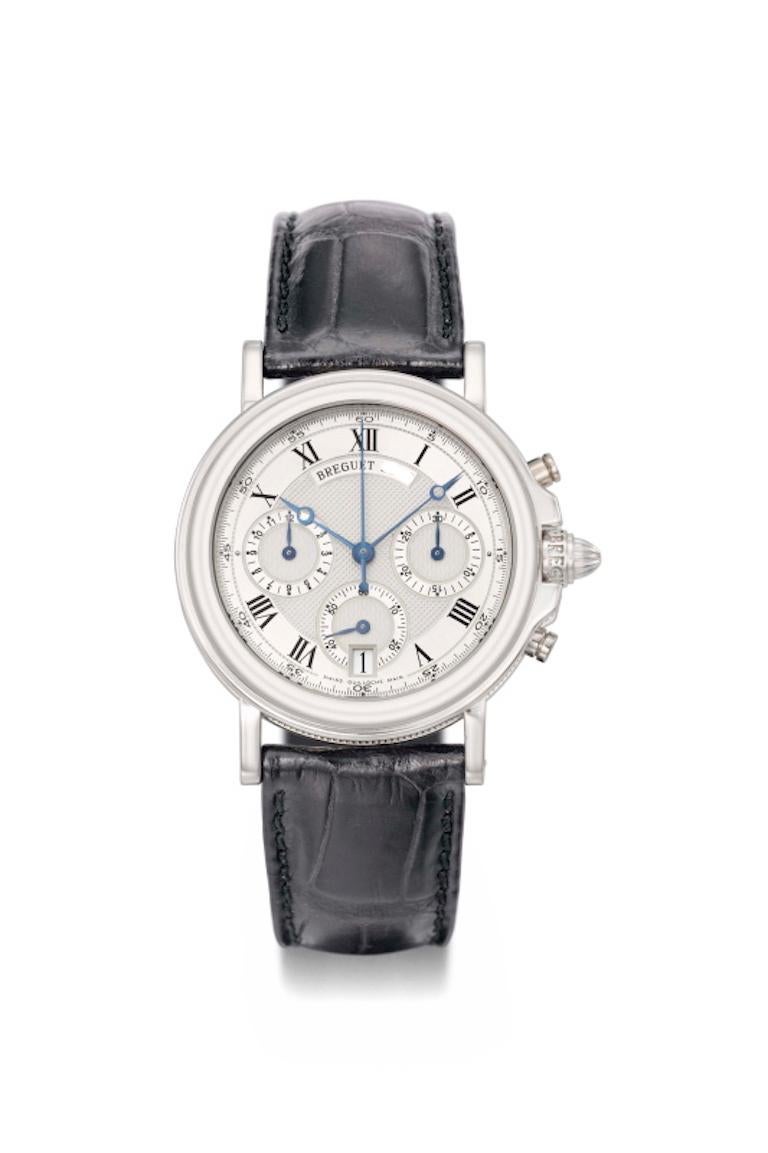 Breguet platinum Marine, automatic, size 35mm. Breguet ref. 3315 with a platinum case and bezel, silvered guilloche Roman dial, blued steel Breguet hands, date display, chronograph, 30-minute and 12-hour registers, constant seconds, sapphire