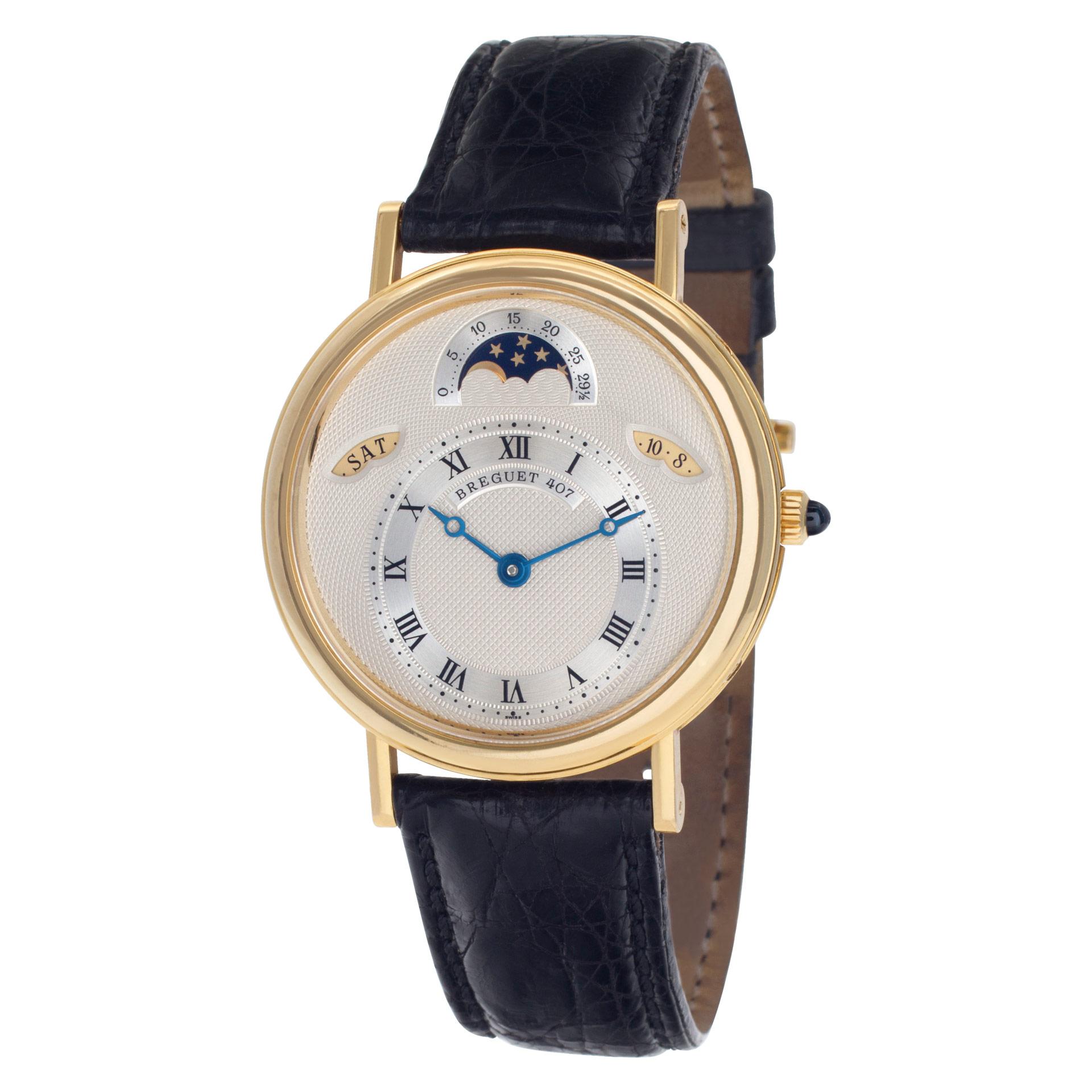 Breguet Day Date Moonphase in 18k on a crocodile strap with 18k tang buckle. Auto w/ date, day and moonphase. 36mm case size. Ref 3337ba/1e/986. Circa 1990s. Fine Pre-owned Breguet Watch.  Certified preowned Dress Breguet Quantième 3337ba/1e/986