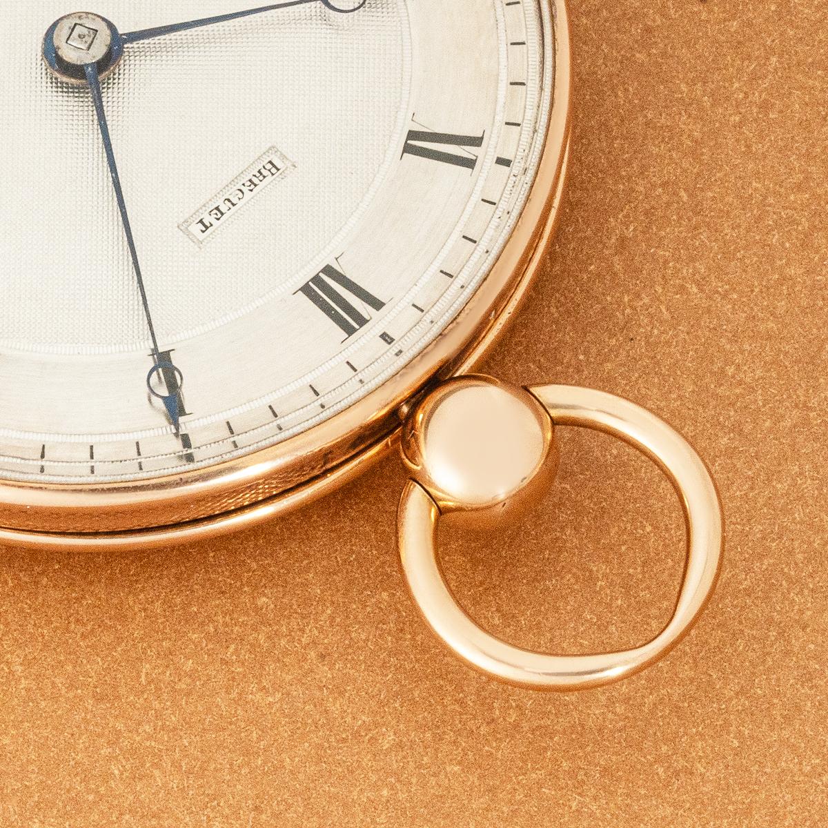 Breguet. A Rare Rose Gold Keywind Cylinder Date Pocket Watch, C1830s.

Dial: This supberb silver dial signed Breguet with the centre cartouche finely engine turned, the outer silver ring engraved with Roman numerals and outer minute track. The