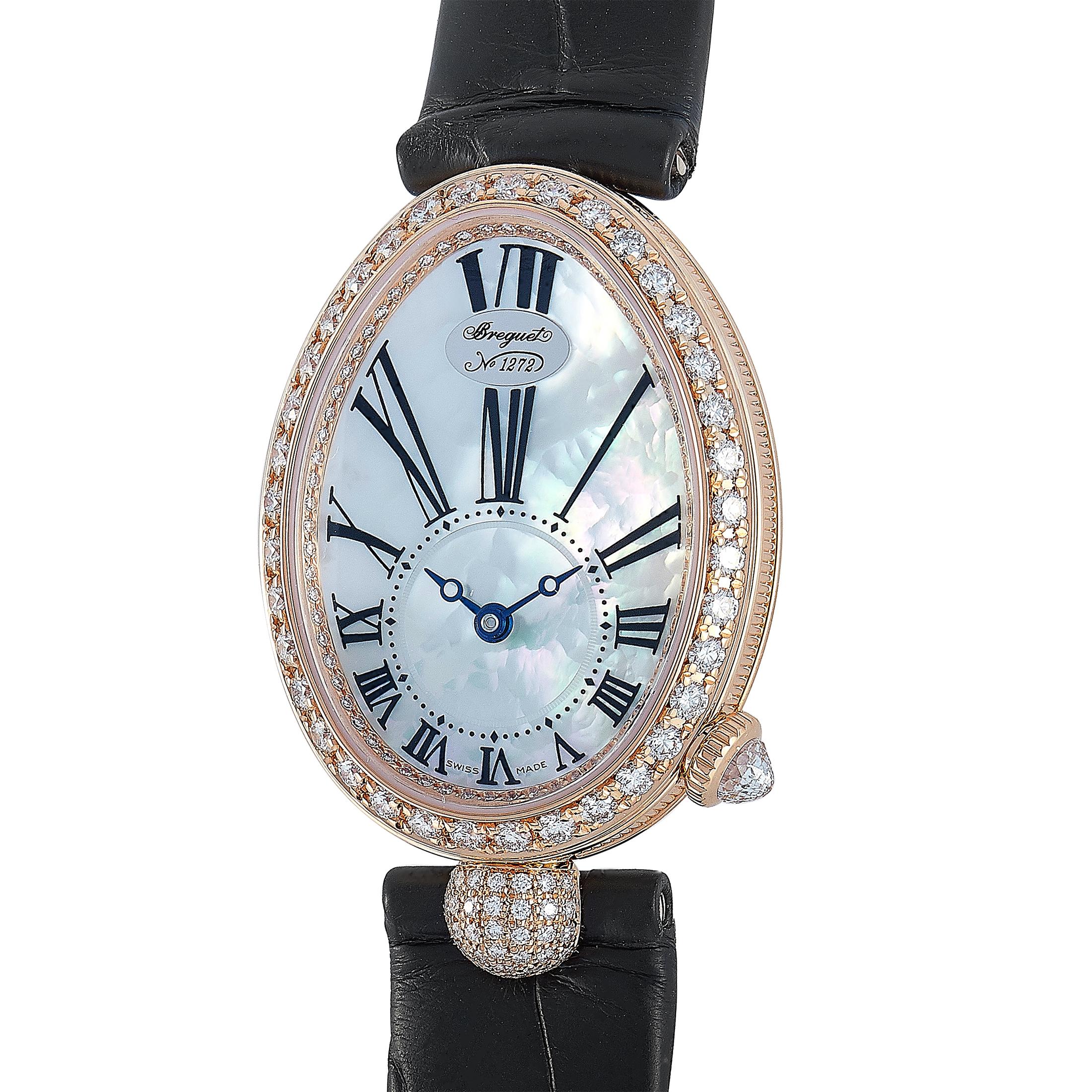 The Breguet Reine de Naples 8928 watch, reference number 8928BR/51/944 DD0D, is presented within the sublime “Reine de Naples” collection.

This timepiece boasts a diamond-set 18K rose gold case that is mounted onto a black leather strap, secured on