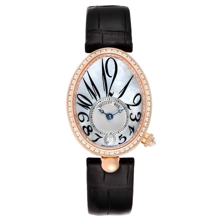 Breguet Reine de Naples Rose Gold MOP Diamond Ladies Watch 8818. Automatic self-winding movement. 18K rose gold coined edged case 28.45mm X 36.5mm. Case thickness 10.05mm. Exhibition sapphire crystal case back. Crown set with a single diamond