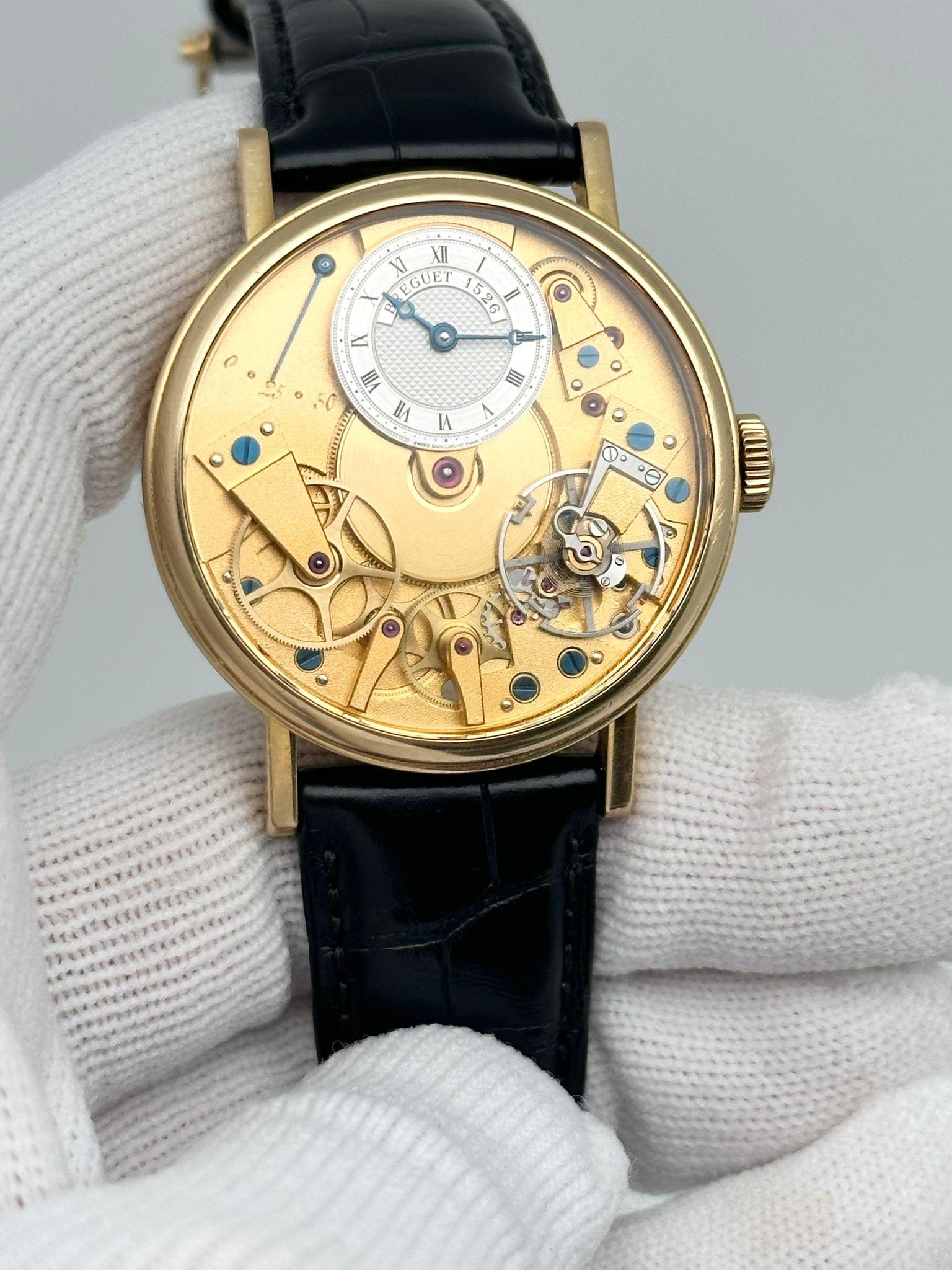 Breguet Tradition 37mm 18k Yellow Gold Skeleton Dial Men Watch 7027BA/11/9V6 In Good Condition In New York, NY