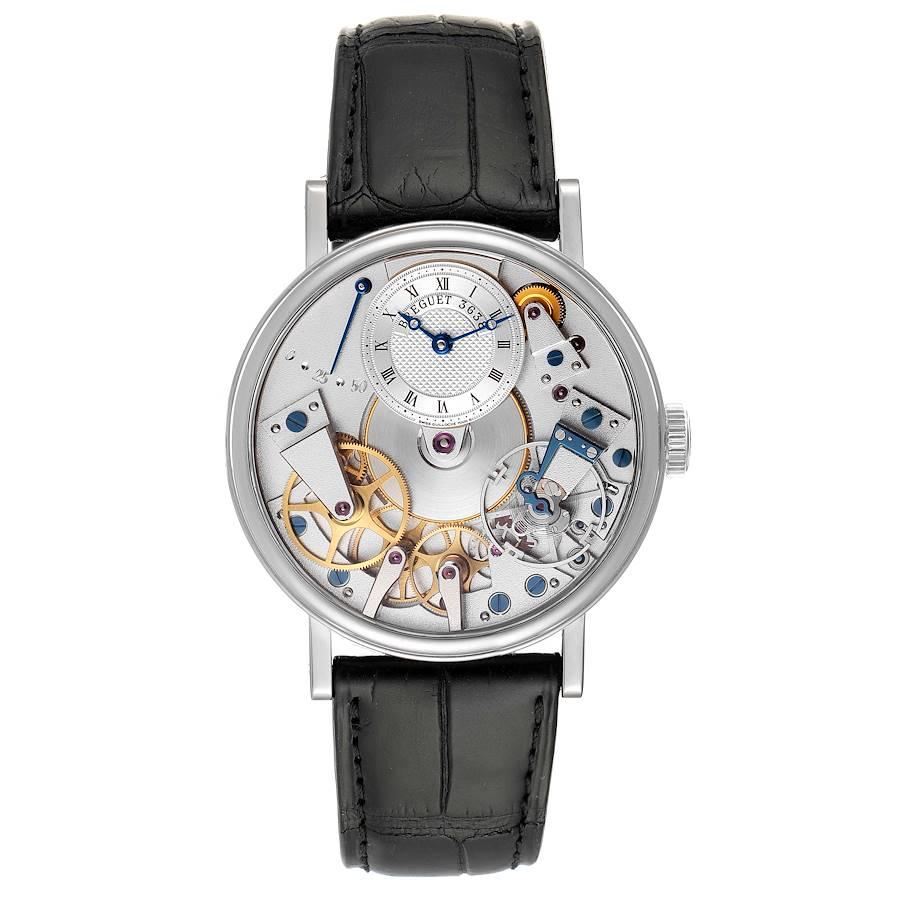 Breguet Tradition Skeleton Dial White Gold Manual Wind Mens Watch 7027BB. Manual-winding movement. 18K white gold coined edged case 37.0 mm in diameter. 18K white gold bezel. Scratch resistant sapphire crystal. Skeleton display dial. Silver hand