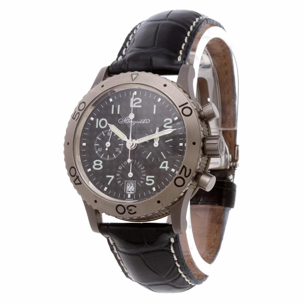 Breguet Transatlantique Type XX in titanium on leather strap with additional titanium band. Auto w/ subseconds, date and chronograph. With box. 39mm case size. Ref 3820TI. Circa 2010s. Fine Pre-owned Breguet Watch. Certified preowned Sport Breguet