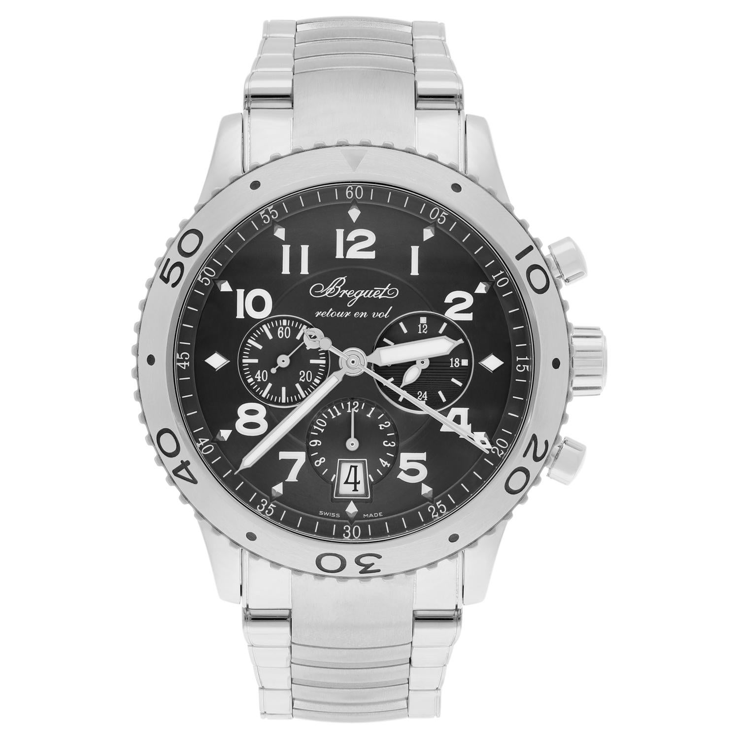 Breguet présente le Chronographe Flyback Transatlantique Type XXI 3810ST/92/SZ9, une montre-bracelet luxueuse et élégante, parfaite pour toutes les occasions. Ce garde-temps de fabrication suisse est doté d'aiguilles lumineuses, d'un indicateur de