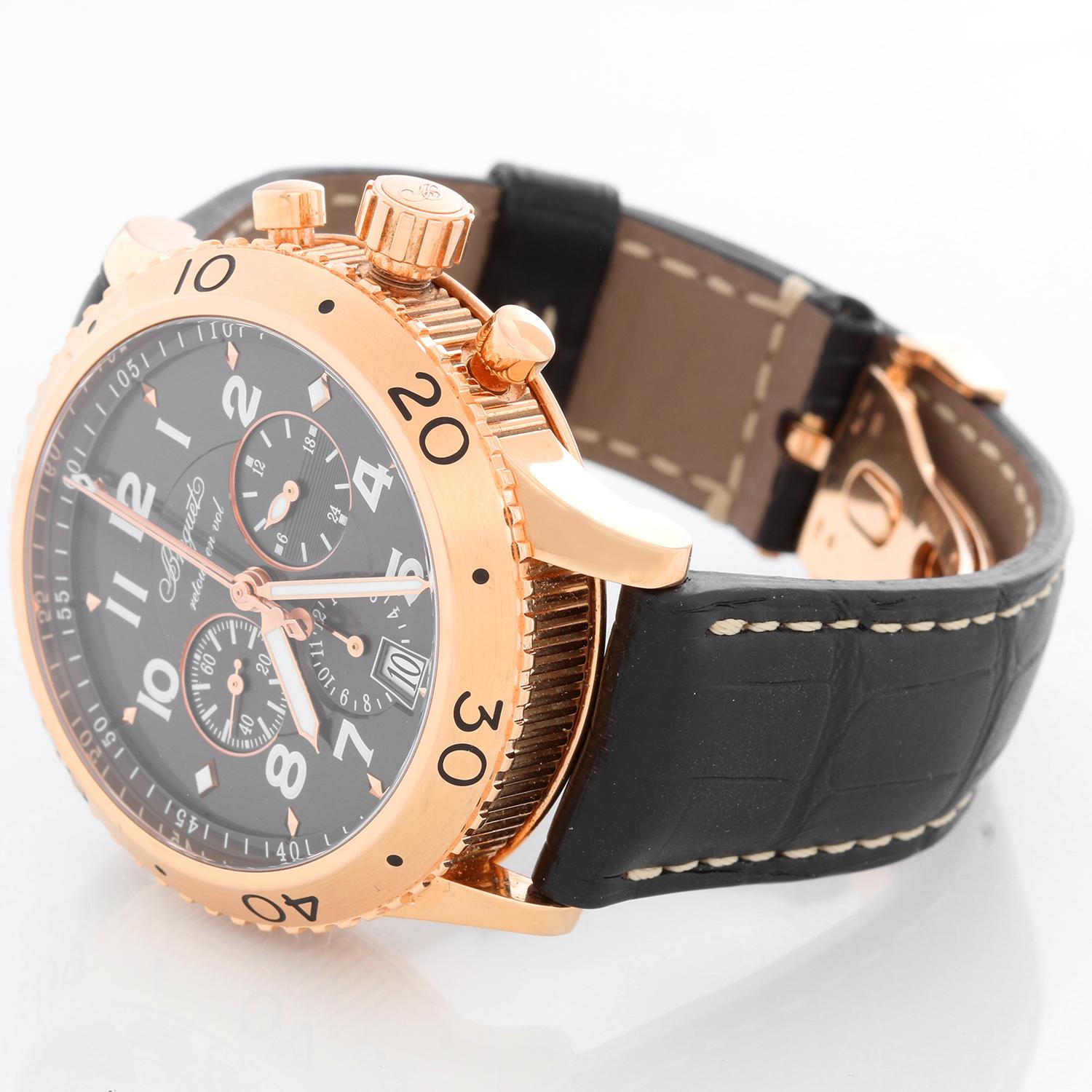 Breguet Transatlantique Type XXI Flyback Men's  Rose Gold Chronograph Watch 3810BR - Automatic winding. Rose gold case (42mm diameter). Brown dial with white Arabic numerals; flyback chronograph; hour, minute and seconds recorders; date. Breguet