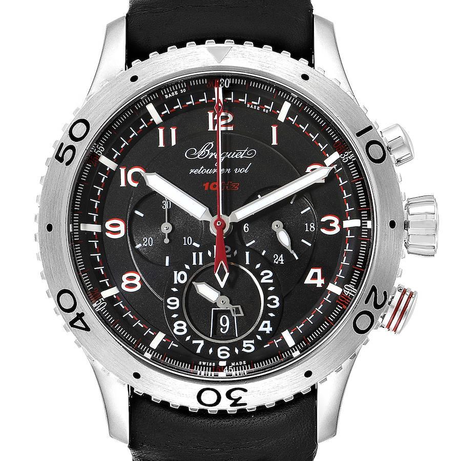 Breguet Transatlantique Type XXII Flyback Steel Mens Watch 3880ST. Automatic self-winding movement with a flyback chronograph function (allows instant restarting of the chronograph with a single push of the button instead of stop and reset the