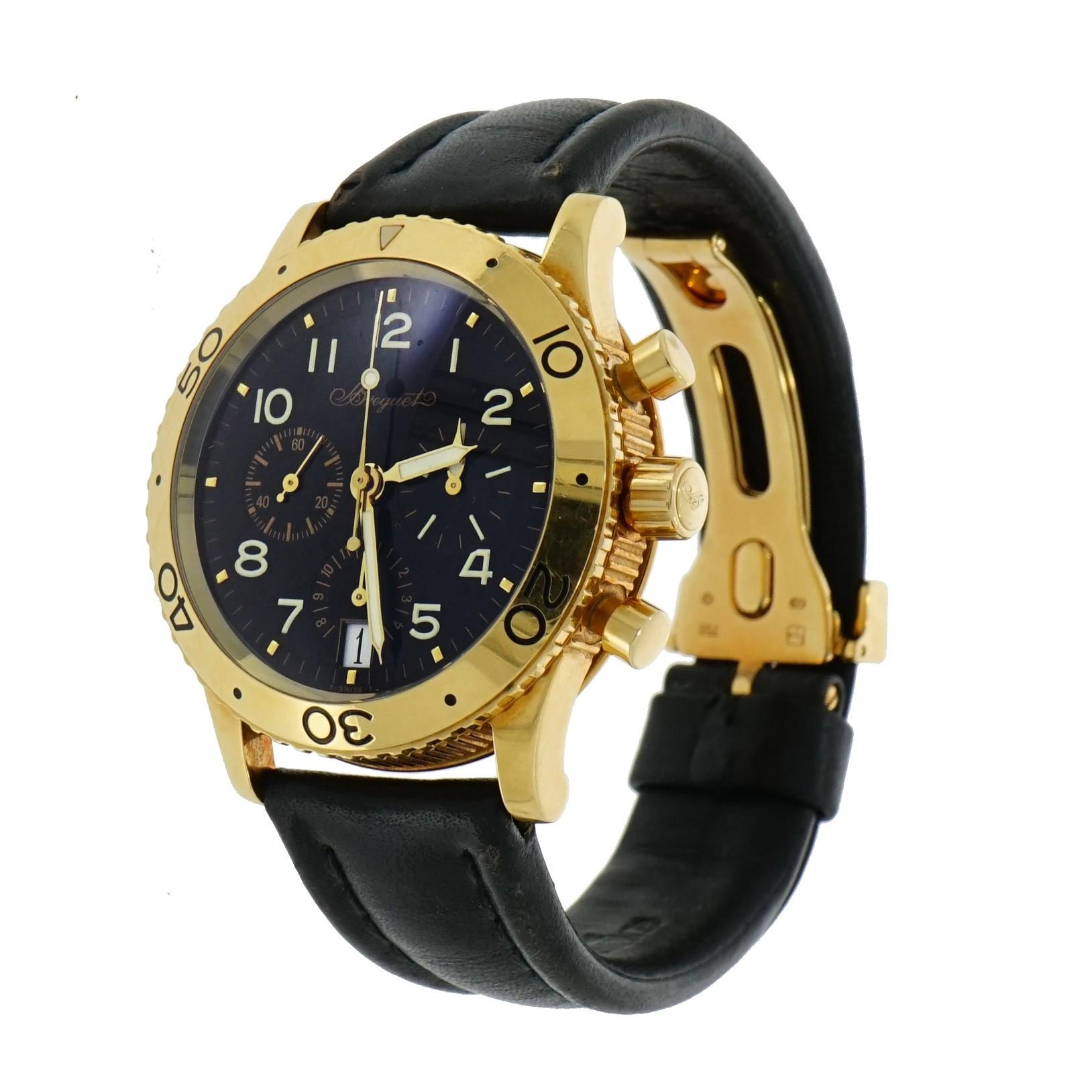 Pre-owned in good condition Breguet Type XX Transatlantique  chronograph in 18 karat  yellow gold case, polished finish 60 minutes bezel, automatic self-winding movement, caliber 582Q, 48 hours of power reserve, black dial with Arabic numerals hour