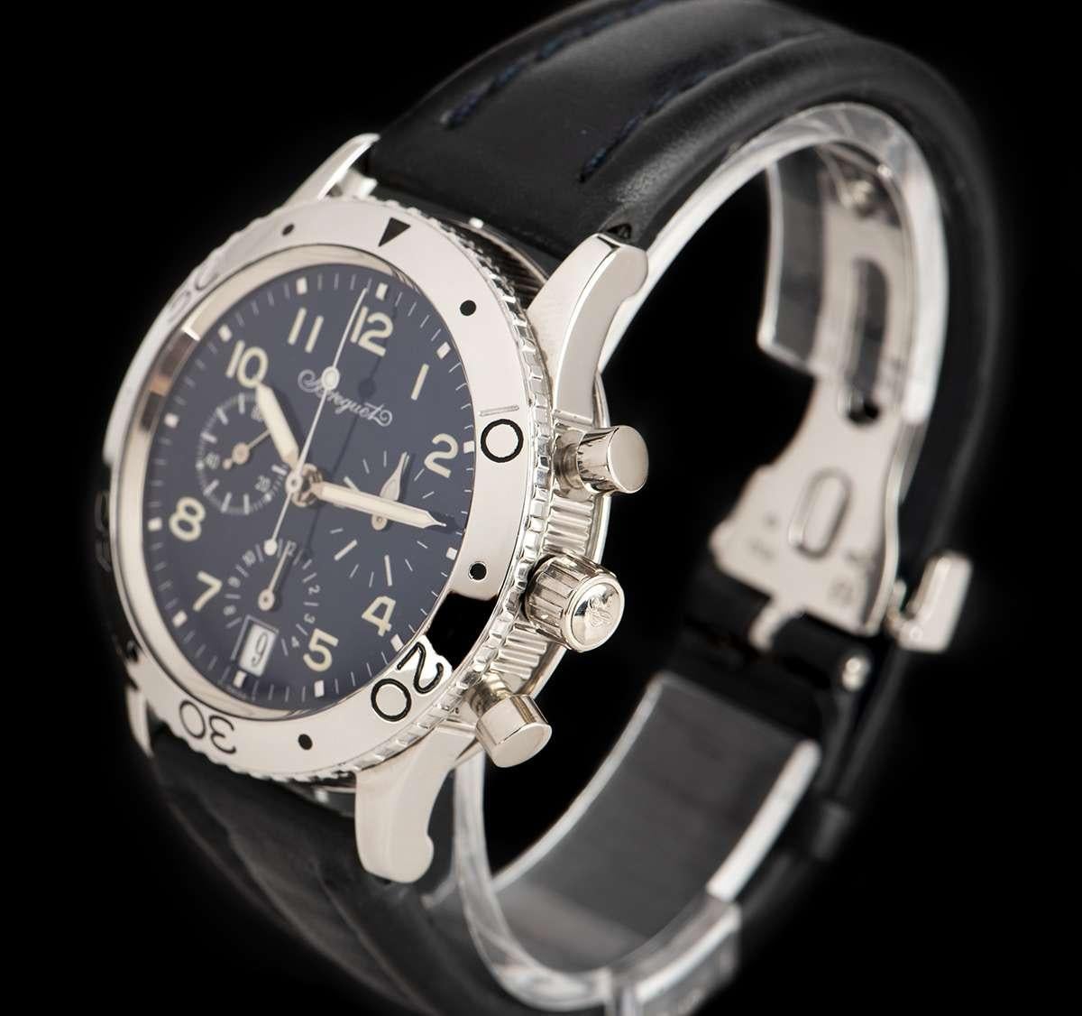 A 39mm Platinum Type XX Transatlantique Gents Flyback Wristwatch, blue dial with arabic numbers, 30 minute recorder at 3 0'clock, date and 12 hour recorder at 6 0'clock, small seconds at 9 0'clock, a platinum bi-directional rotating bezel, an