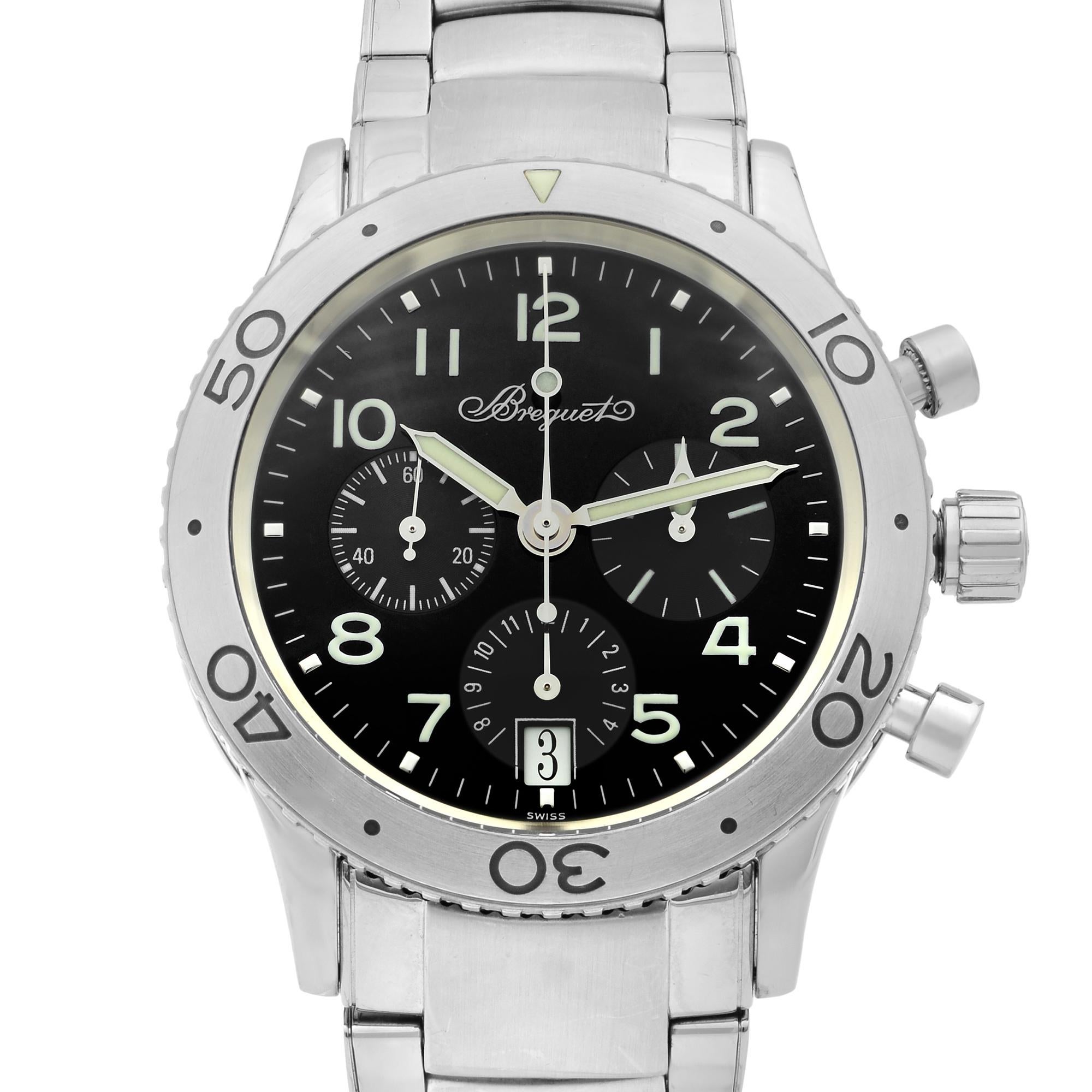 This pre-owned Breguet Type XX 3820ST/H2/SW9 is a beautiful men's timepiece that is powered by a mechanical (automatic) movement which is cased in a stainless steel case. It has a round shape face, chronograph, chronograph hand, date indicator,